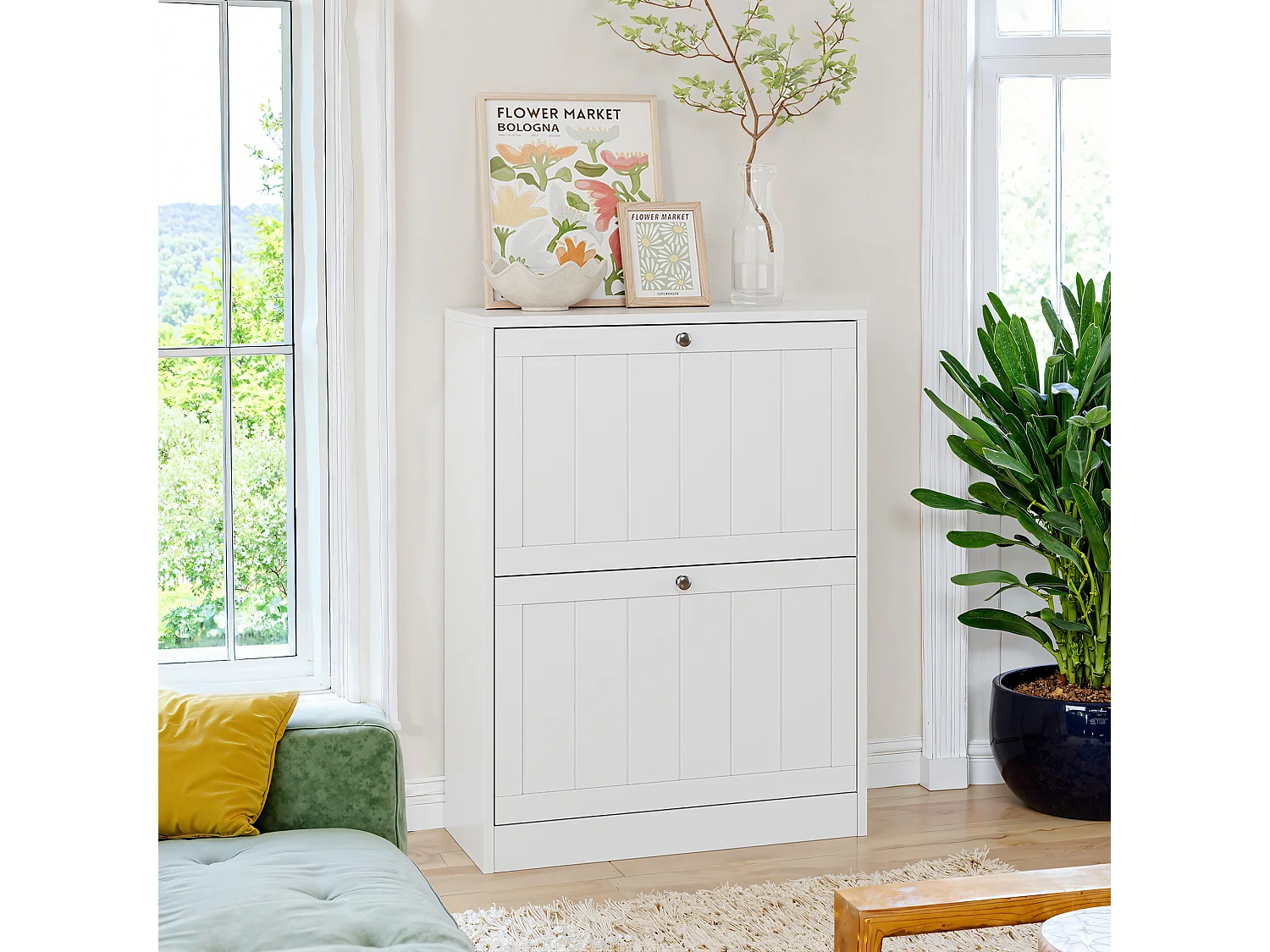 Meuble à chaussures blanc, design moderne Mid-Century, avec 2 tiroirs rabattables, idéal pour entrée et couloir (60x24x80 cm)