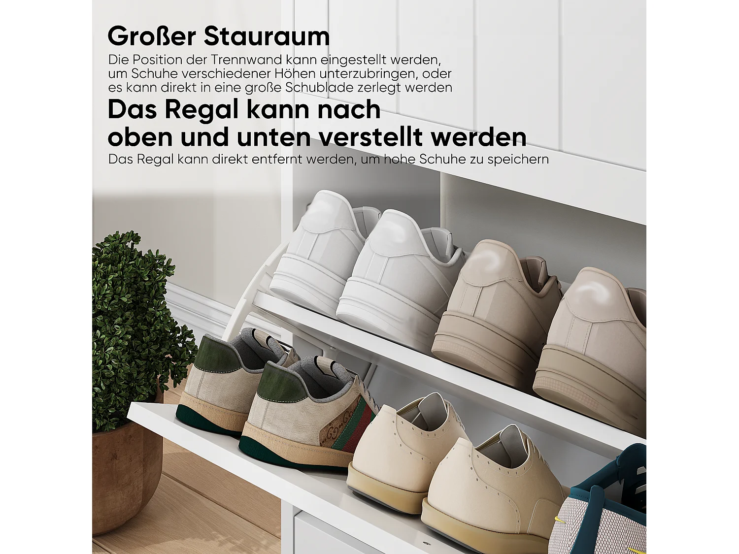 Meuble à chaussures blanc, design moderne Mid-Century, avec 2 tiroirs rabattables, idéal pour entrée et couloir (60x24x80 cm)