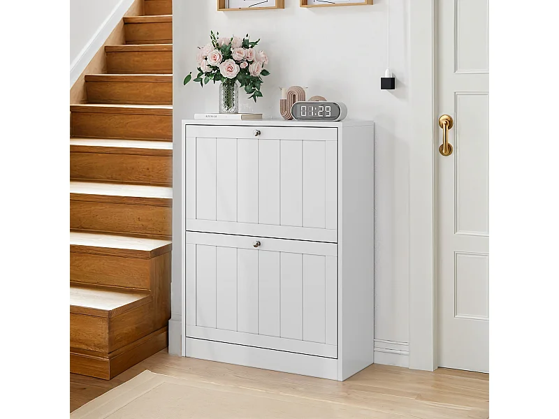 Meuble à chaussures blanc, design moderne Mid-Century, avec 2 tiroirs rabattables, idéal pour entrée et couloir (60x24x80 cm)