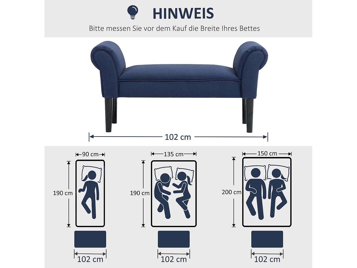 Banquette en tissu bleu, siège rembourré, avec pieds en bois, pour chambre ou hall (102x36x51 cm)
