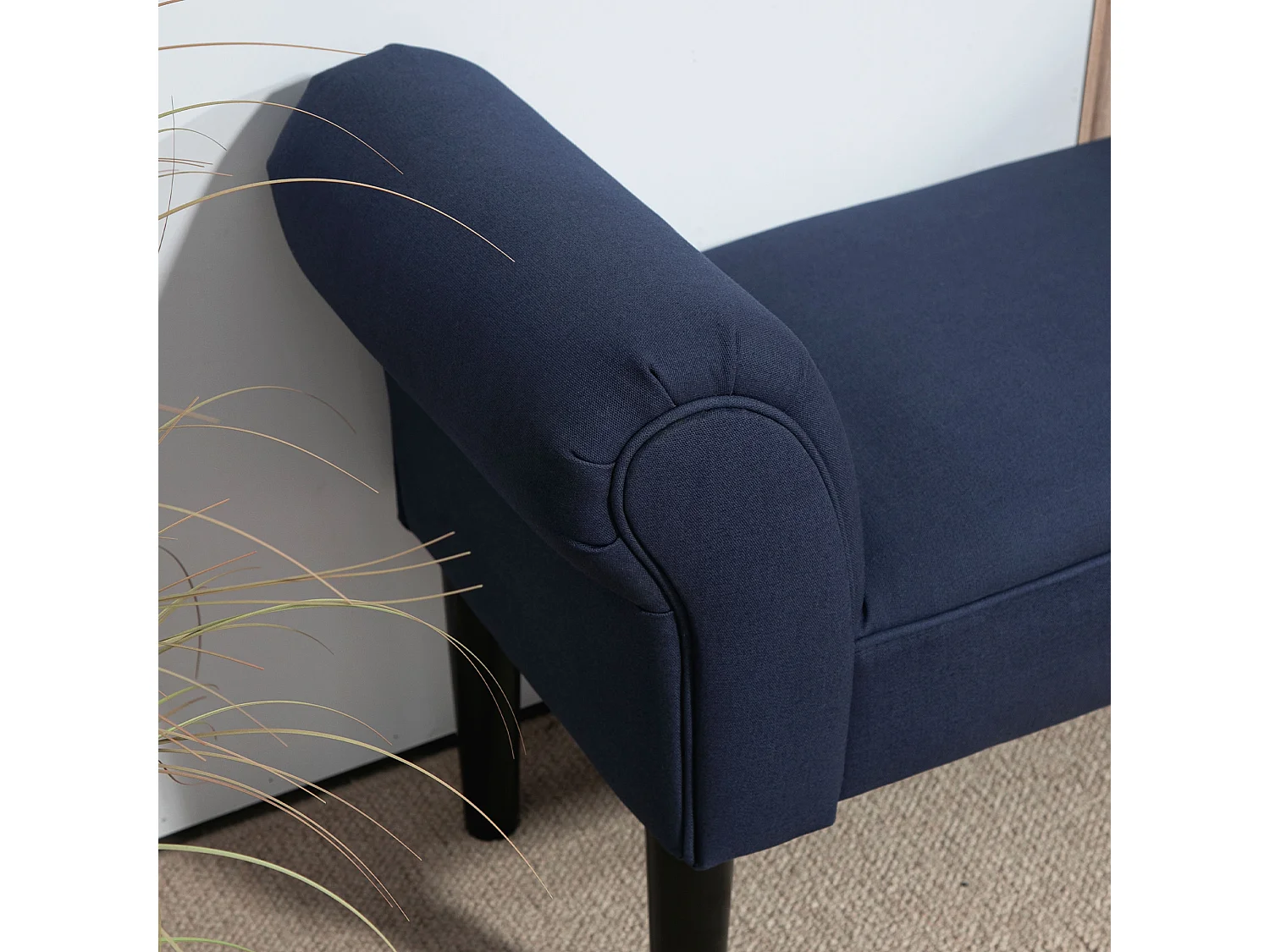 Banquette en tissu bleu, siège rembourré, avec pieds en bois, pour chambre ou hall (102x36x51 cm)