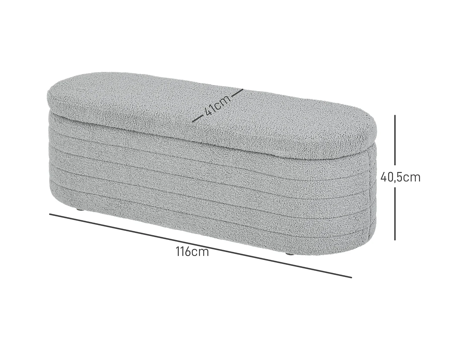 Banc de chambre avec rangement, pieds bois, tissu teddy gris clair (116x41x40.5cm)