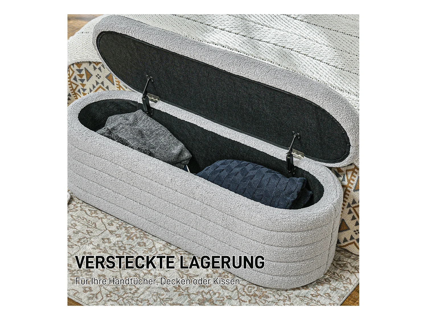 Banc de chambre avec rangement, pieds bois, tissu teddy gris clair (116x41x40.5cm)