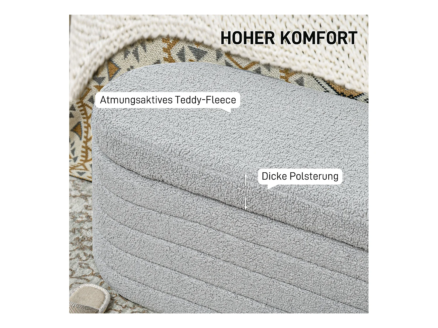 Banc de chambre avec rangement, pieds bois, tissu teddy gris clair (116x41x40.5cm)