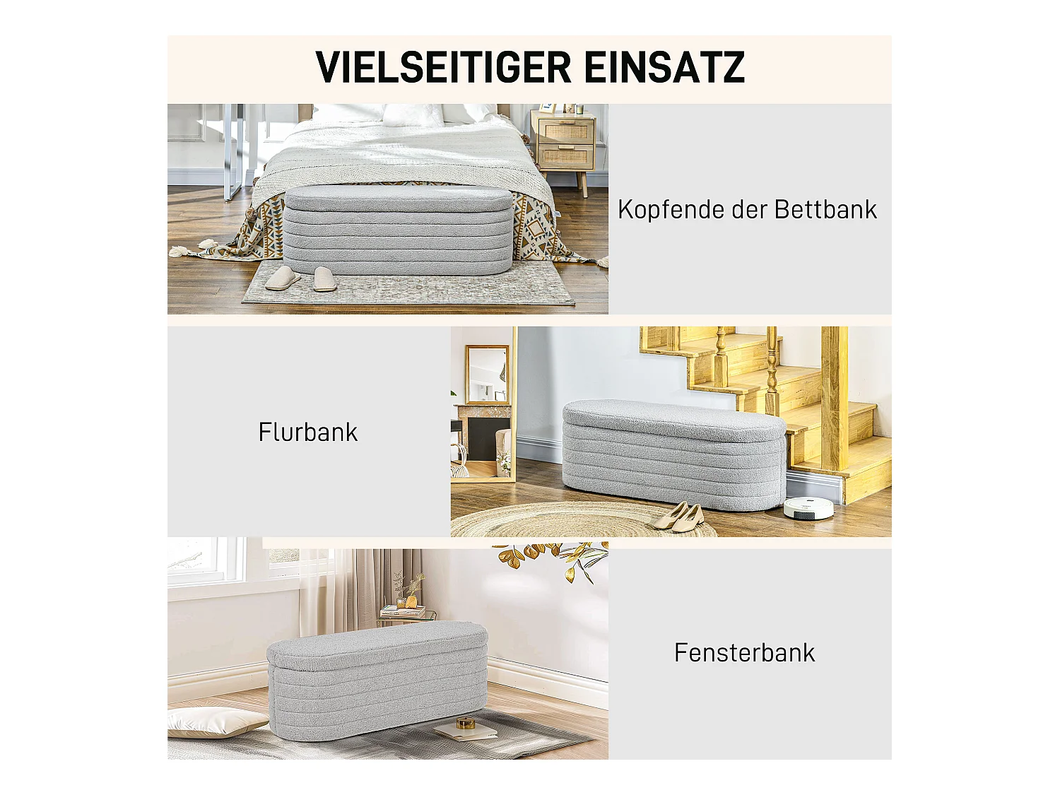 Banc de chambre avec rangement, pieds bois, tissu teddy gris clair (116x41x40.5cm)