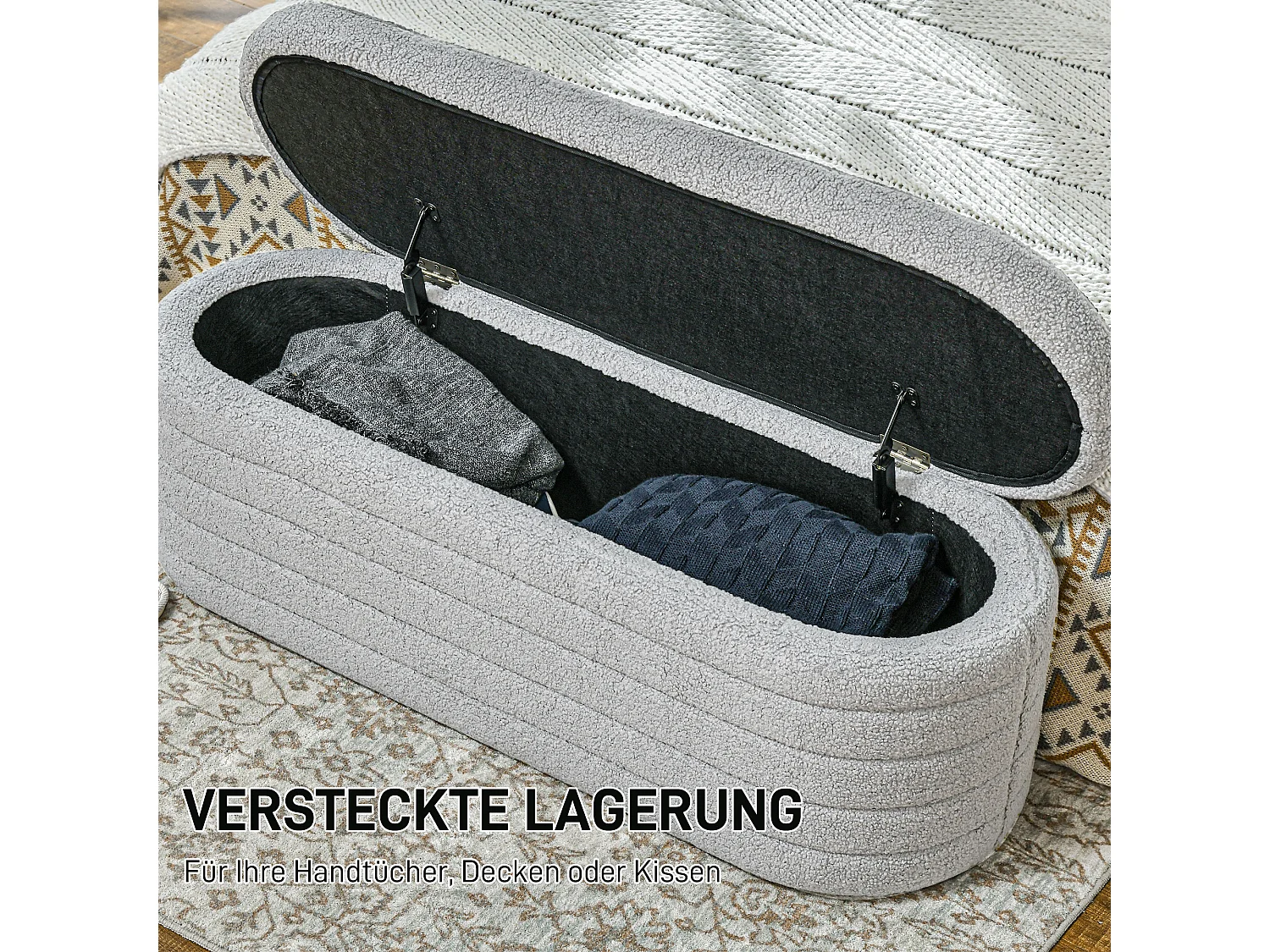 Banc de chambre avec rangement, pieds bois, tissu teddy gris clair (116x41x40.5cm)