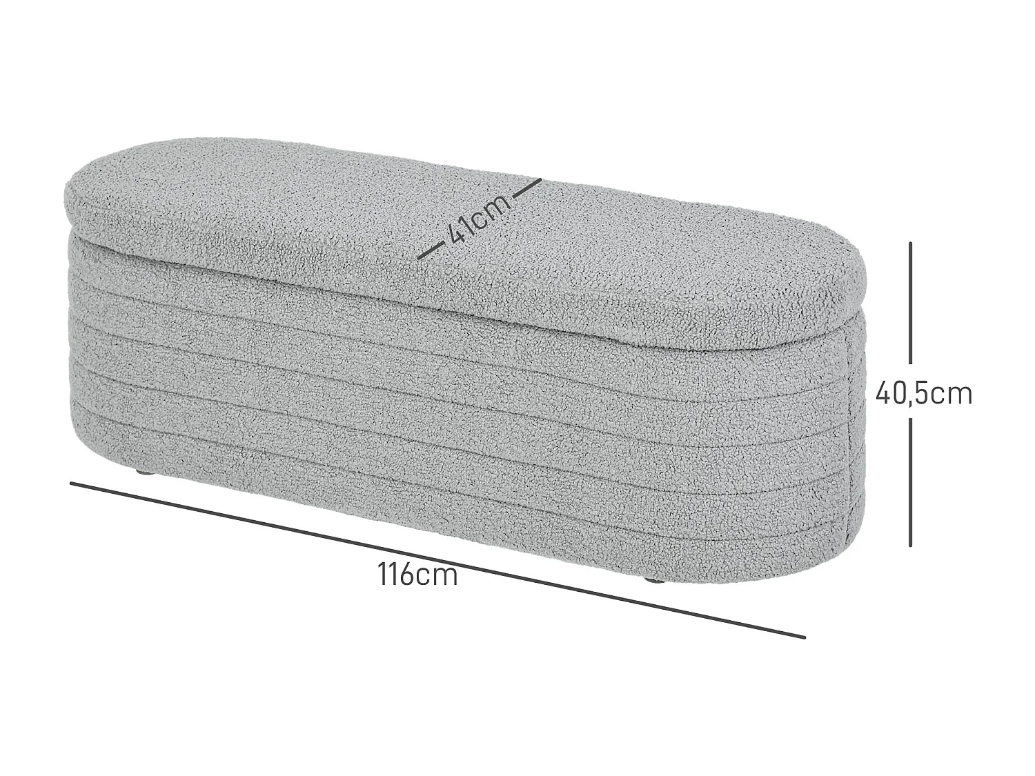 Banco de dormitorio con almacenaje, patas de madera, tela de peluche gris claro (116x41x40,5cm)