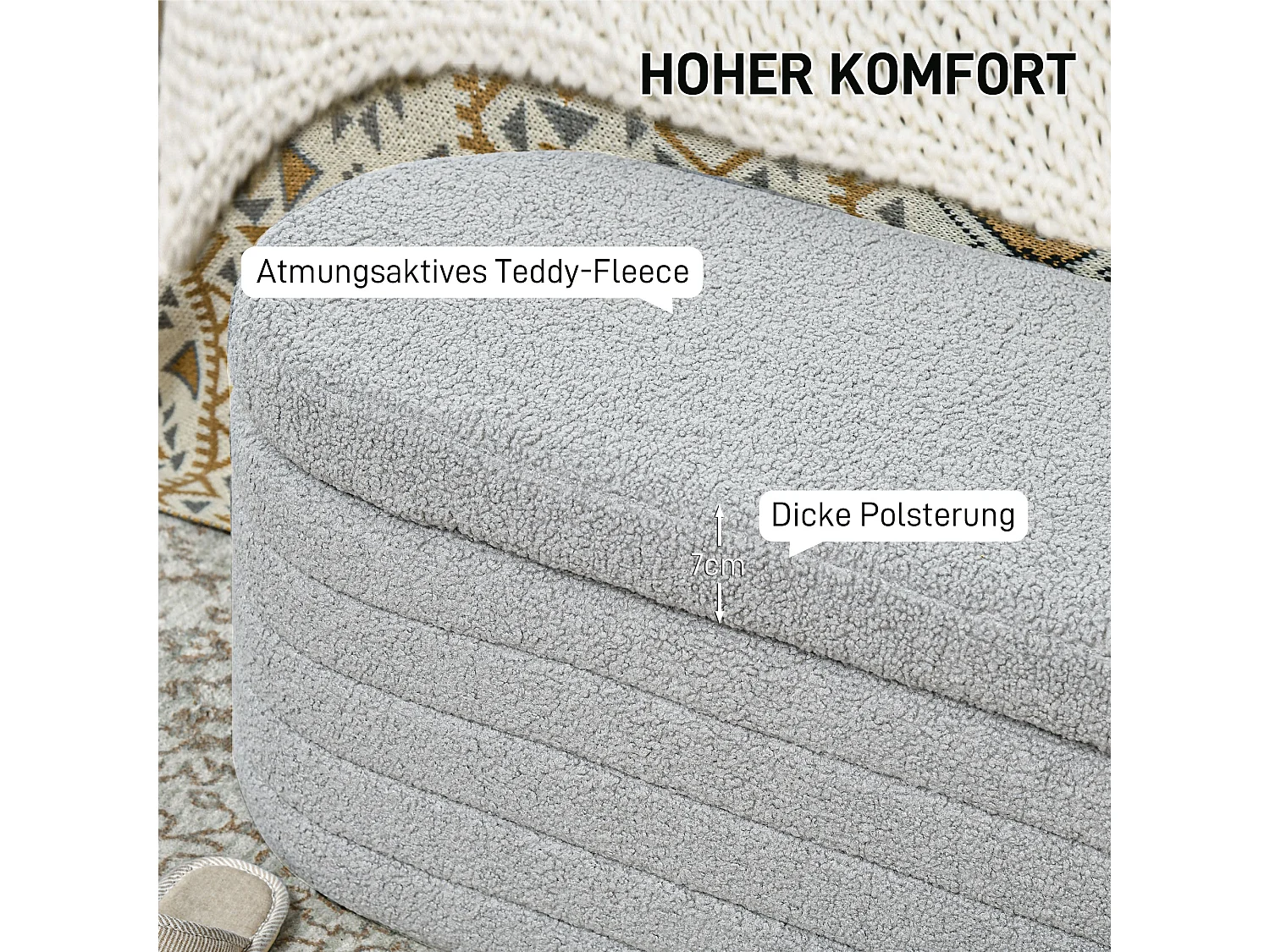 Banco de dormitorio con almacenaje, patas de madera, tela de peluche gris claro (116x41x40,5cm)