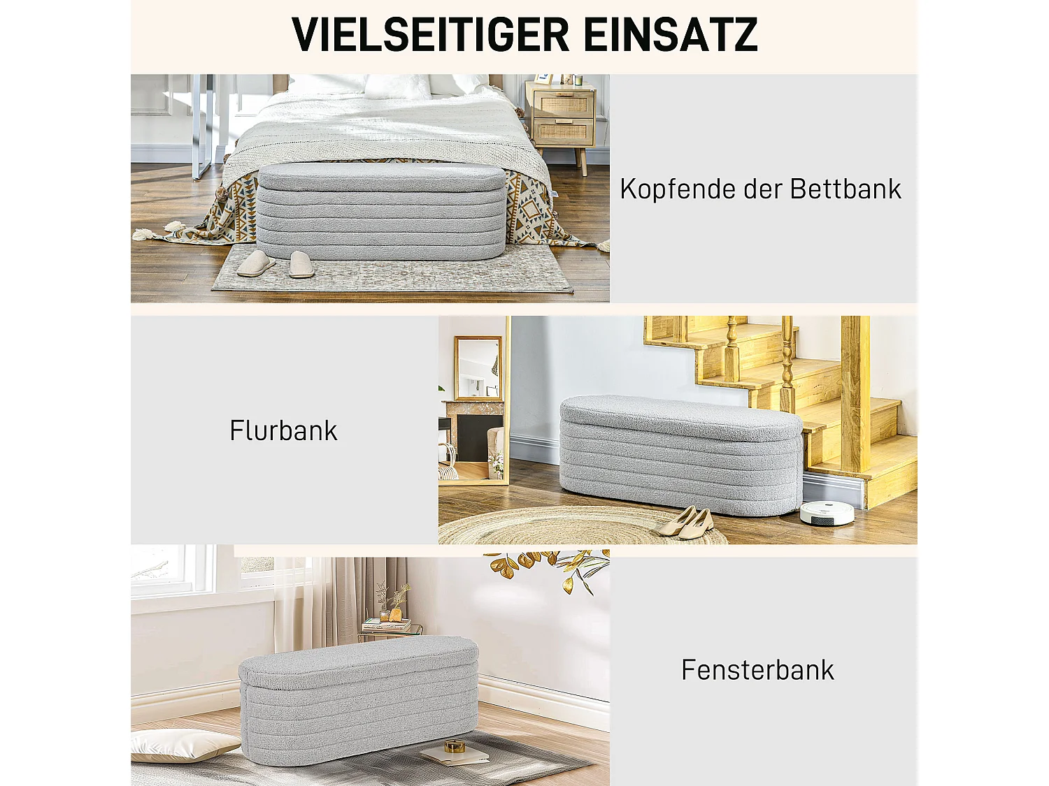 Banco de dormitorio con almacenaje, patas de madera, tela de peluche gris claro (116x41x40,5cm)