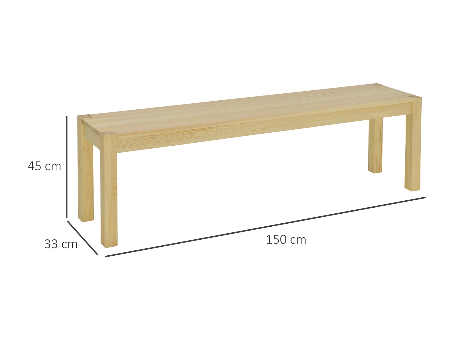 Banc en bois 3 places, style maison de campagne, pin, naturel (150x33x45 cm)