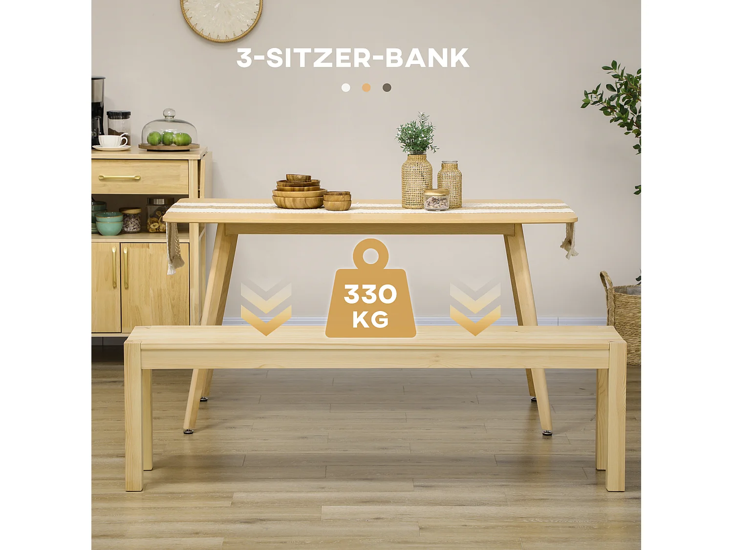 Banc en bois 3 places, style maison de campagne, pin, naturel (150x33x45 cm)