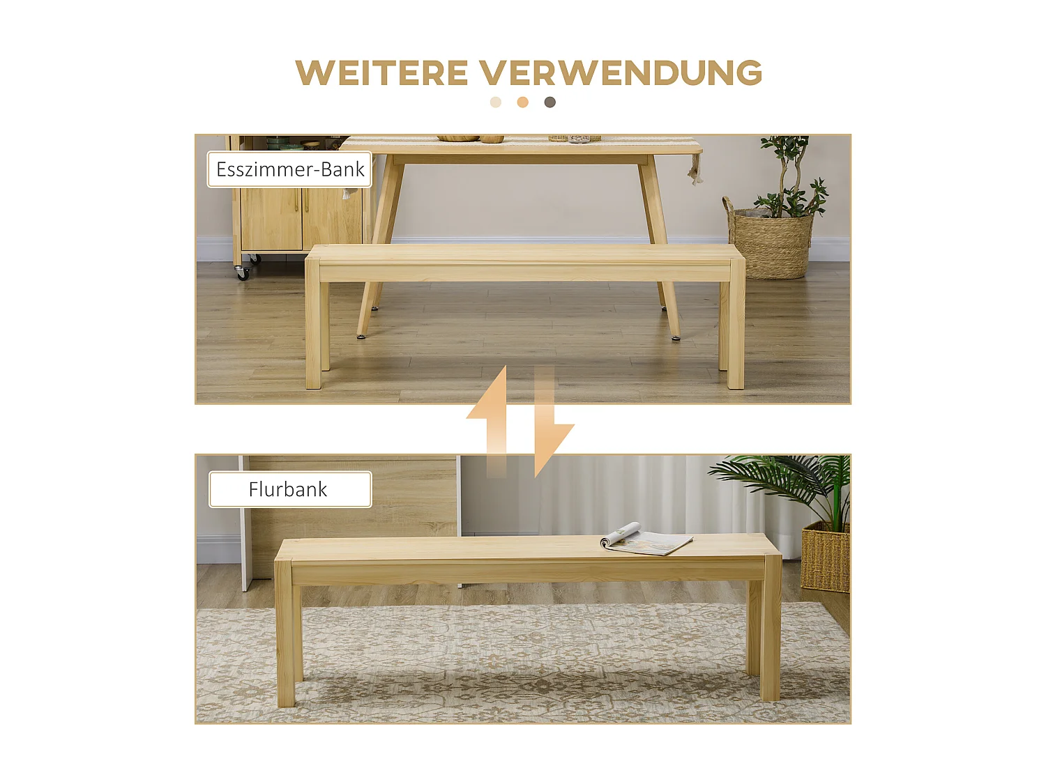 Banc en bois 3 places, style maison de campagne, pin, naturel (150x33x45 cm)