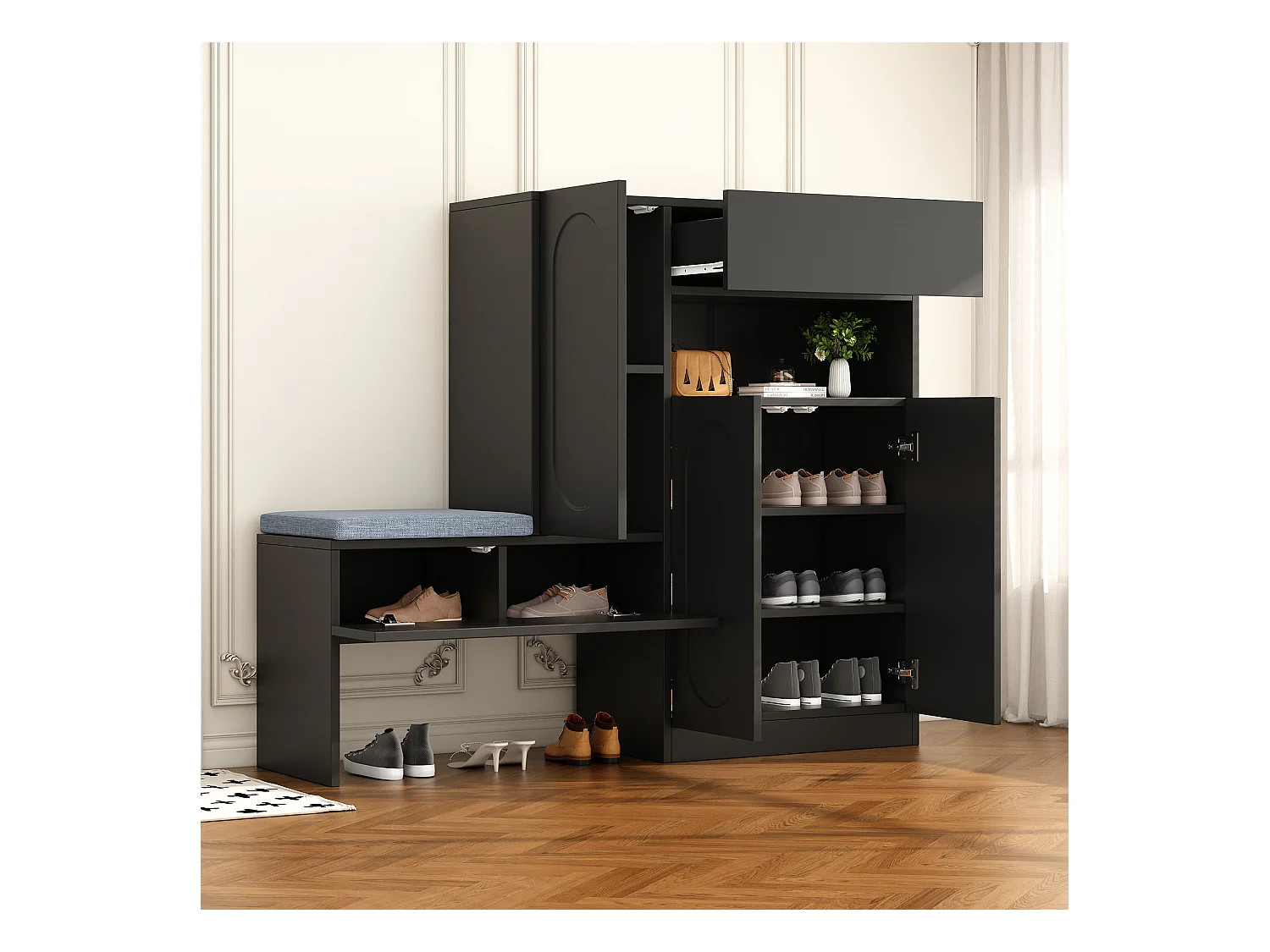2-in-1 schoenenkast met gebogen deuren, softclose-functie, verstelbare planken en gewatteerde bank, zwart (130x35x110 cm)