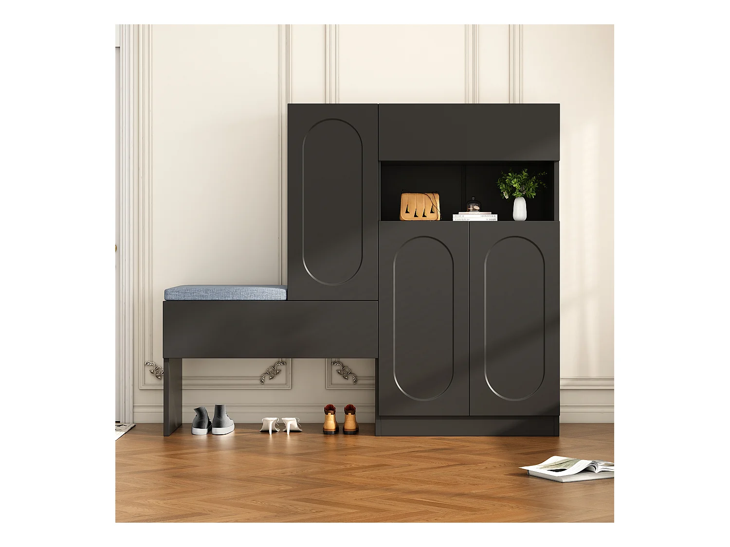 2-in-1 schoenenkast met gebogen deuren, softclose-functie, verstelbare planken en gewatteerde bank, zwart (130x35x110 cm)