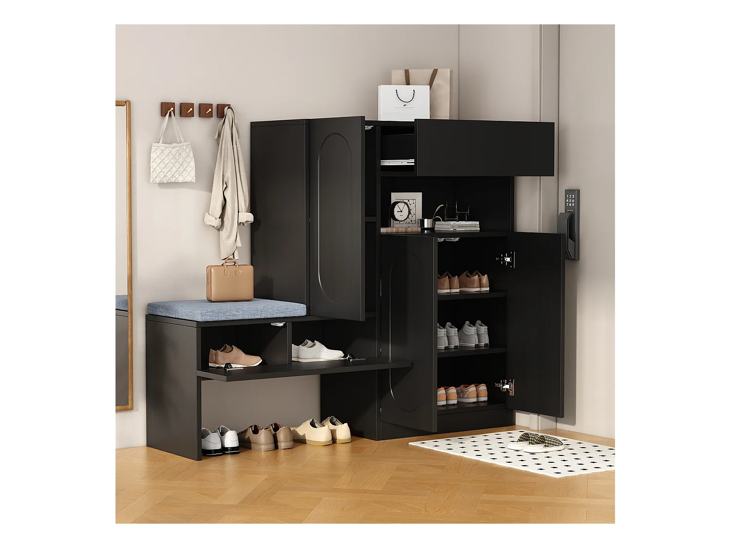 2-in-1 schoenenkast met gebogen deuren, softclose-functie, verstelbare planken en gewatteerde bank, zwart (130x35x110 cm)