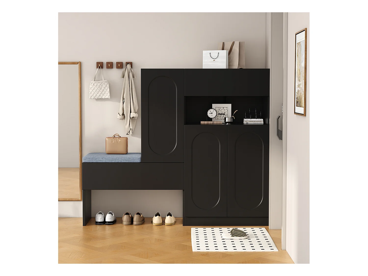 2-in-1 schoenenkast met gebogen deuren, softclose-functie, verstelbare planken en gewatteerde bank, zwart (130x35x110 cm)