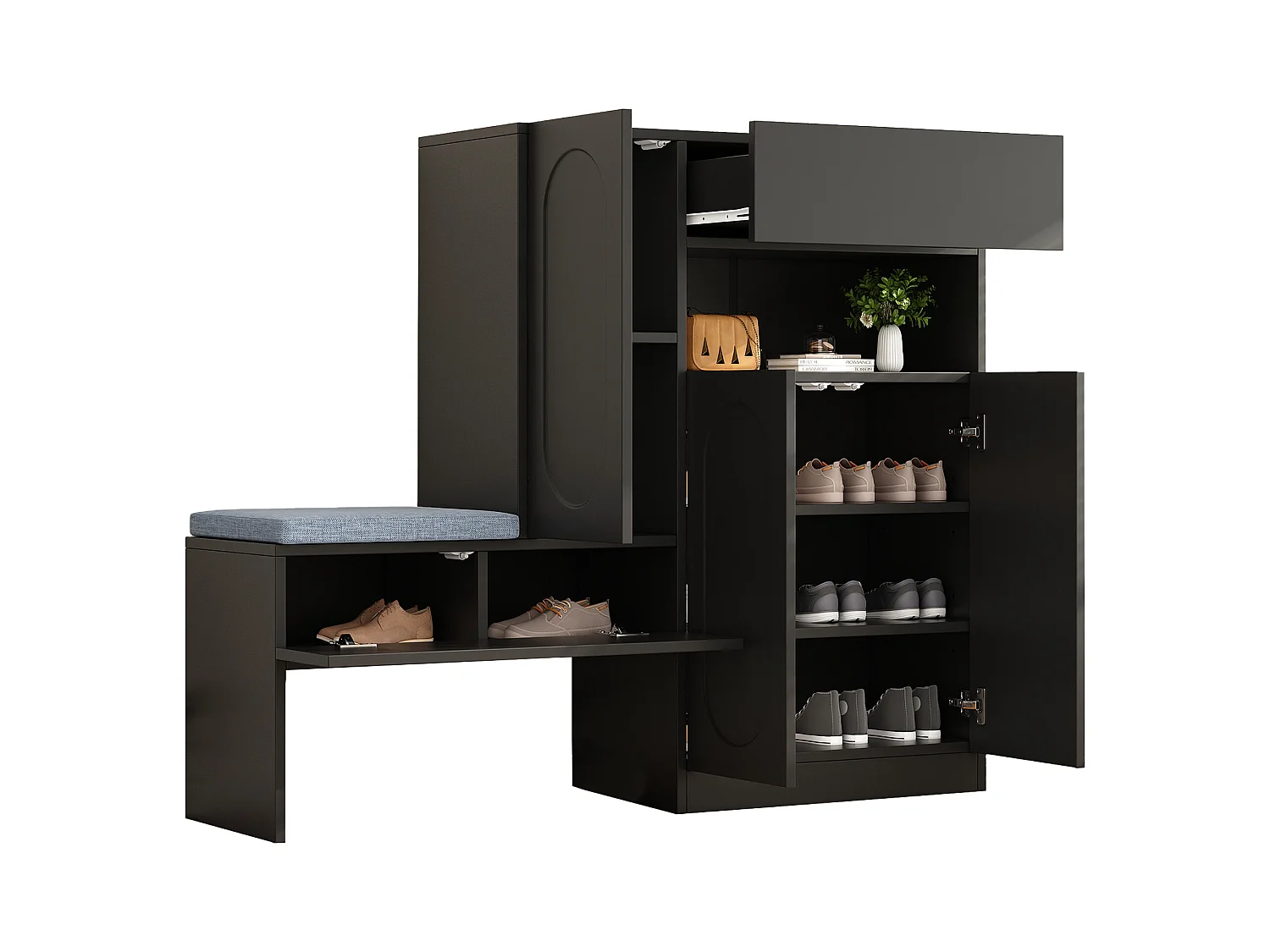 2-in-1 schoenenkast met gebogen deuren, softclose-functie, verstelbare planken en gewatteerde bank, zwart (130x35x110 cm)