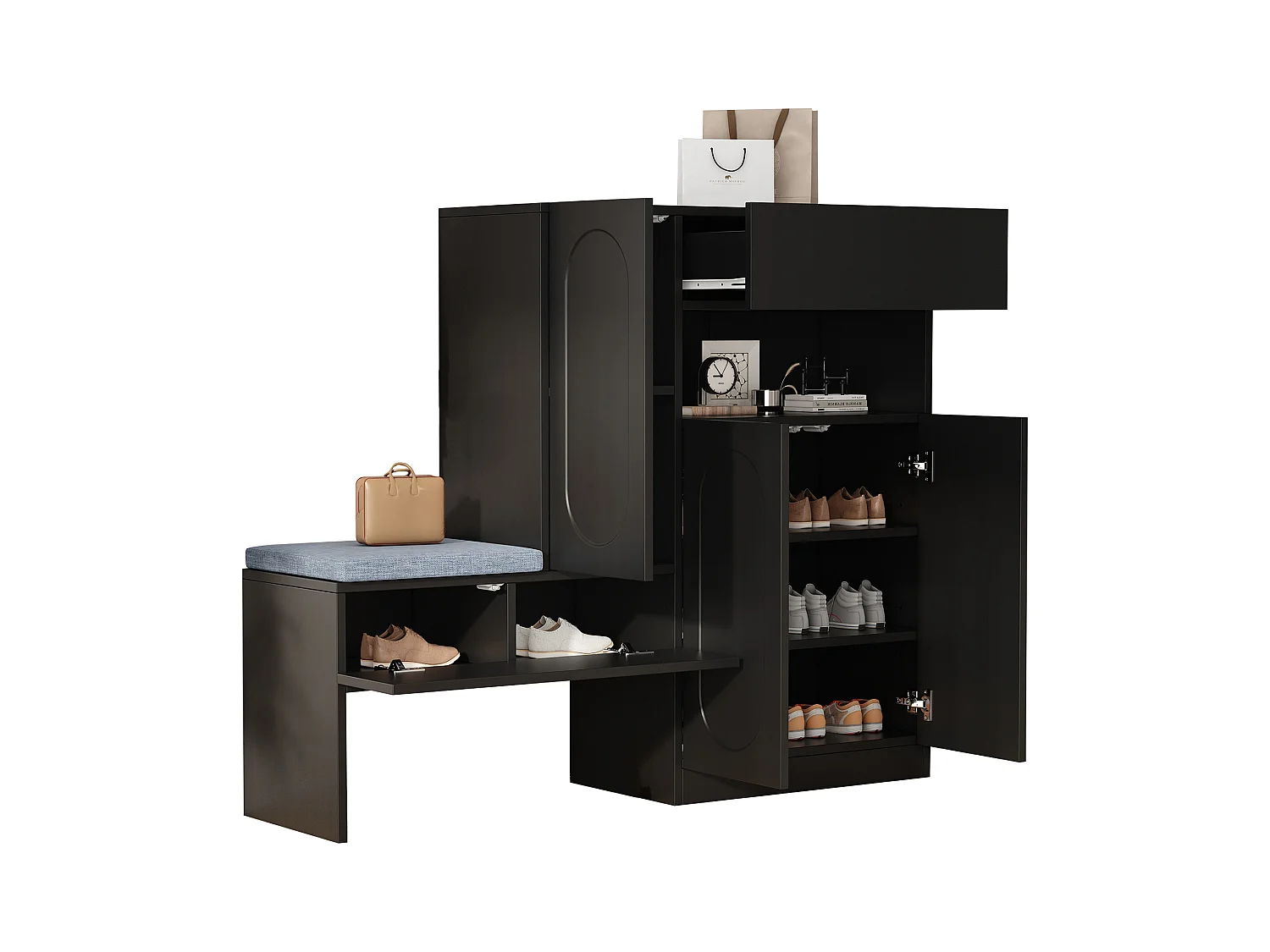 2-in-1 schoenenkast met gebogen deuren, softclose-functie, verstelbare planken en gewatteerde bank, zwart (130x35x110 cm)
