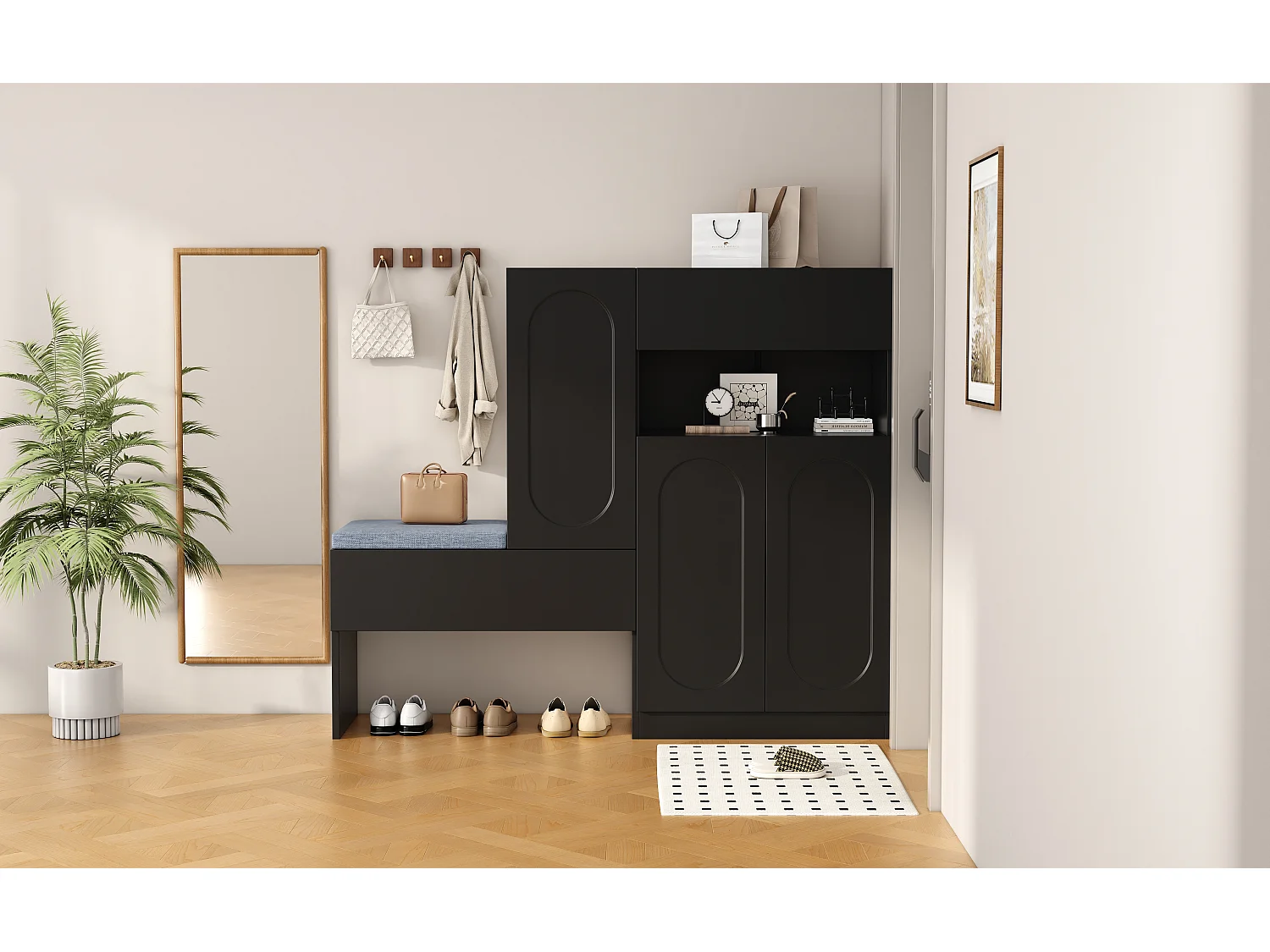 Meuble à chaussures 2-en-1 avec portes arquées, fonction Soft-Close, étagères réglables et banc rembourré, Noir (130x35x110 cm)