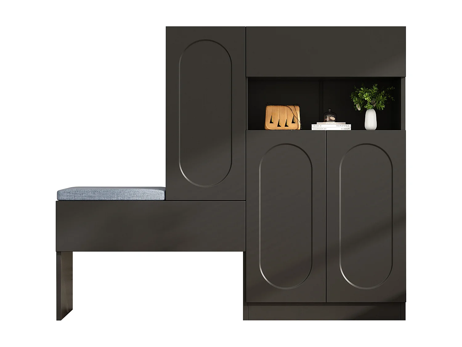 Meuble à chaussures 2-en-1 avec portes arquées, fonction Soft-Close, étagères réglables et banc rembourré, Noir (130x35x110 cm)