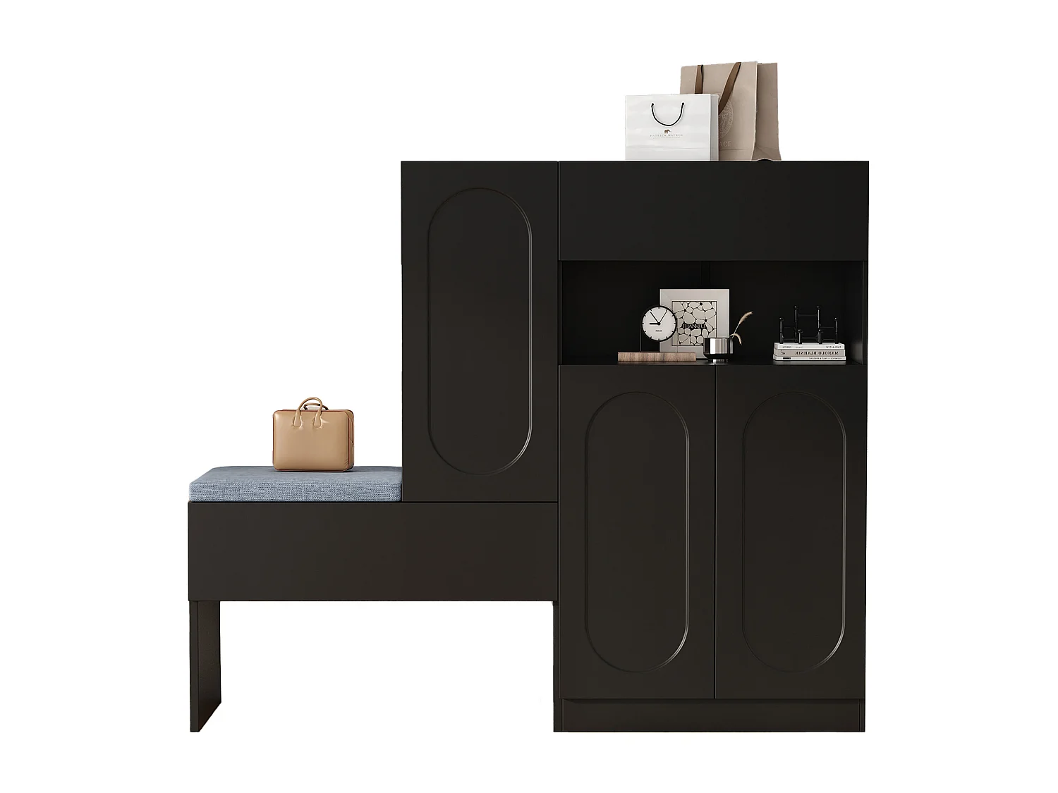 Meuble à chaussures 2-en-1 avec portes arquées, fonction Soft-Close, étagères réglables et banc rembourré, Noir (130x35x110 cm)