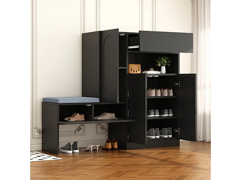 2-in-1 schoenenkast met gebogen deuren, softclose-functie, verstelbare planken en gewatteerde bank, zwart (130x35x110 cm)
