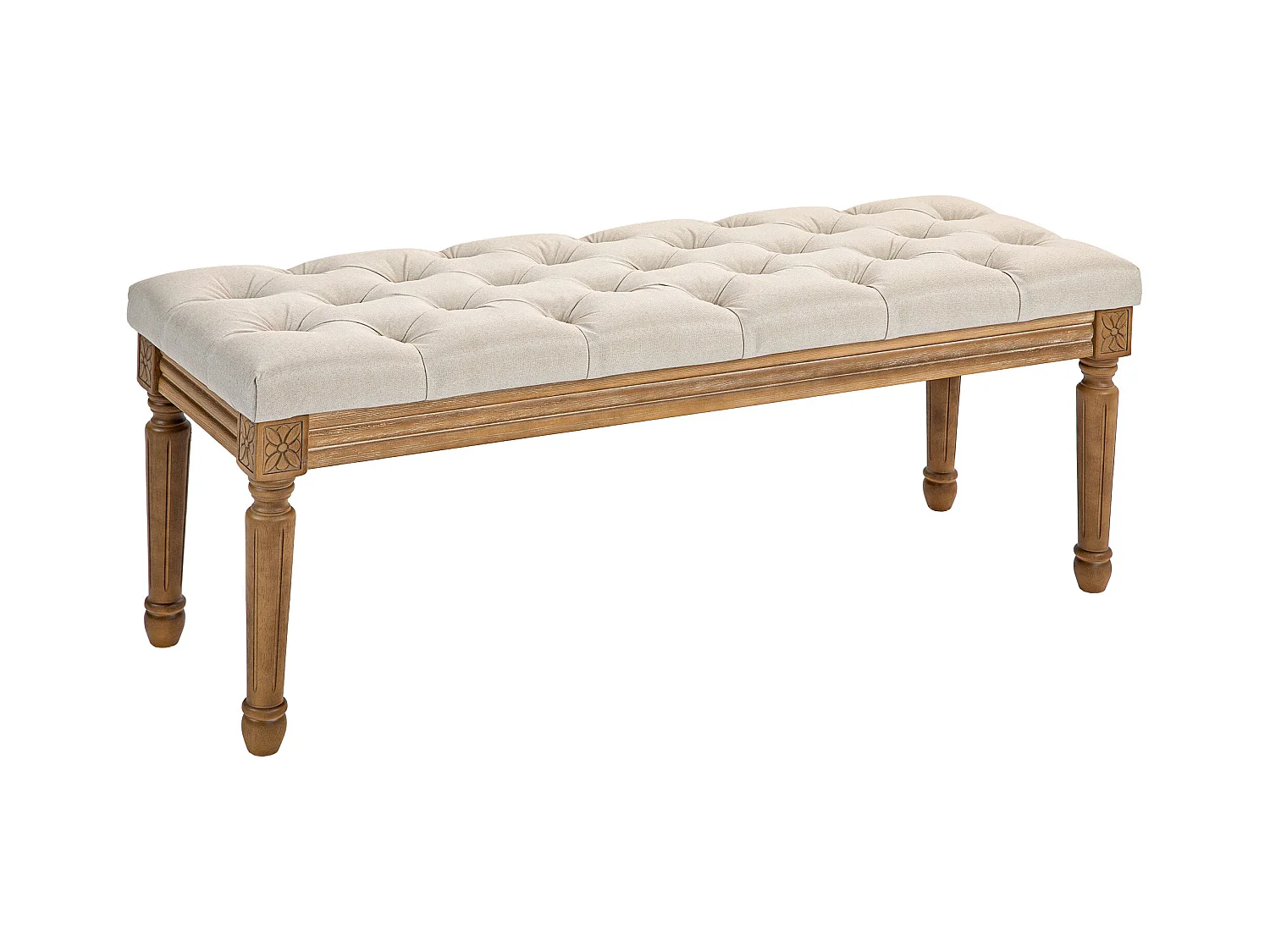 Banc de rangement, design français, tissu effet lin, pieds en bois, crème (120x41x48 cm)