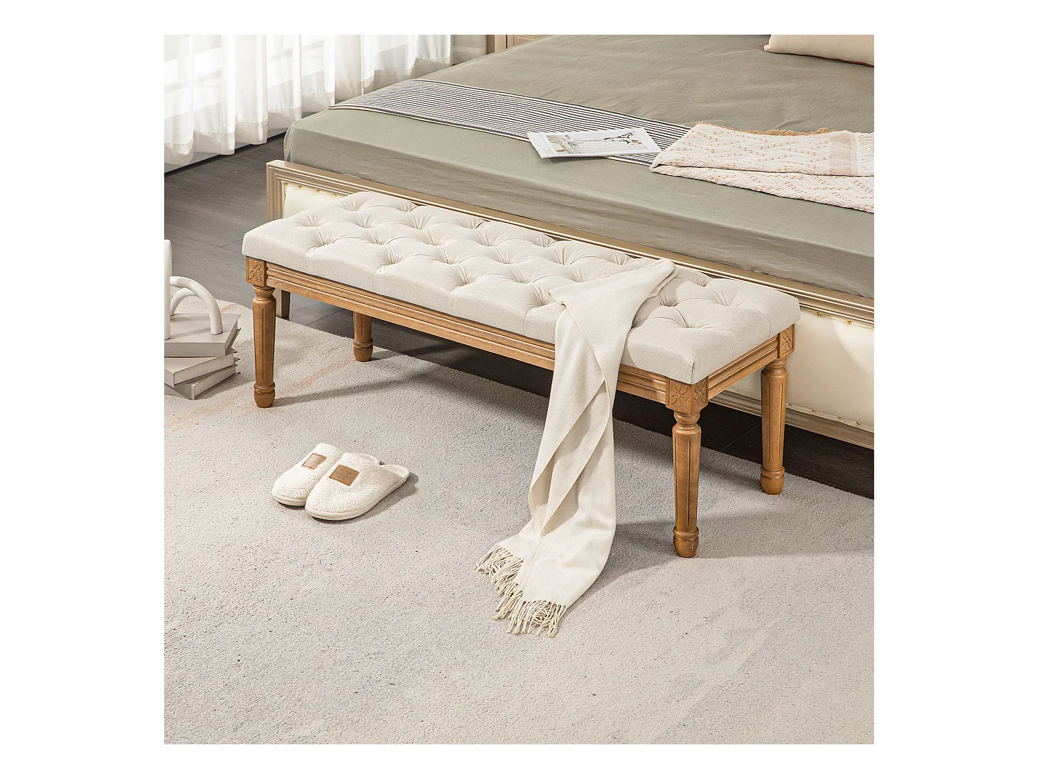 Banc de rangement, design français, tissu effet lin, pieds en bois, crème (120x41x48 cm)