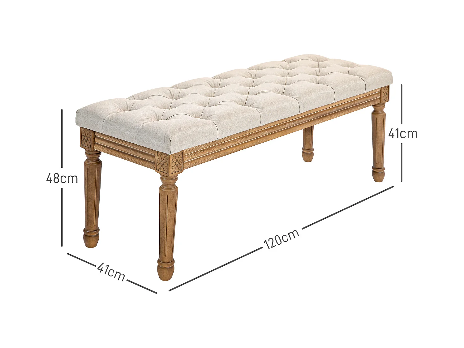 Banc de rangement, design français, tissu effet lin, pieds en bois, crème (120x41x48 cm)