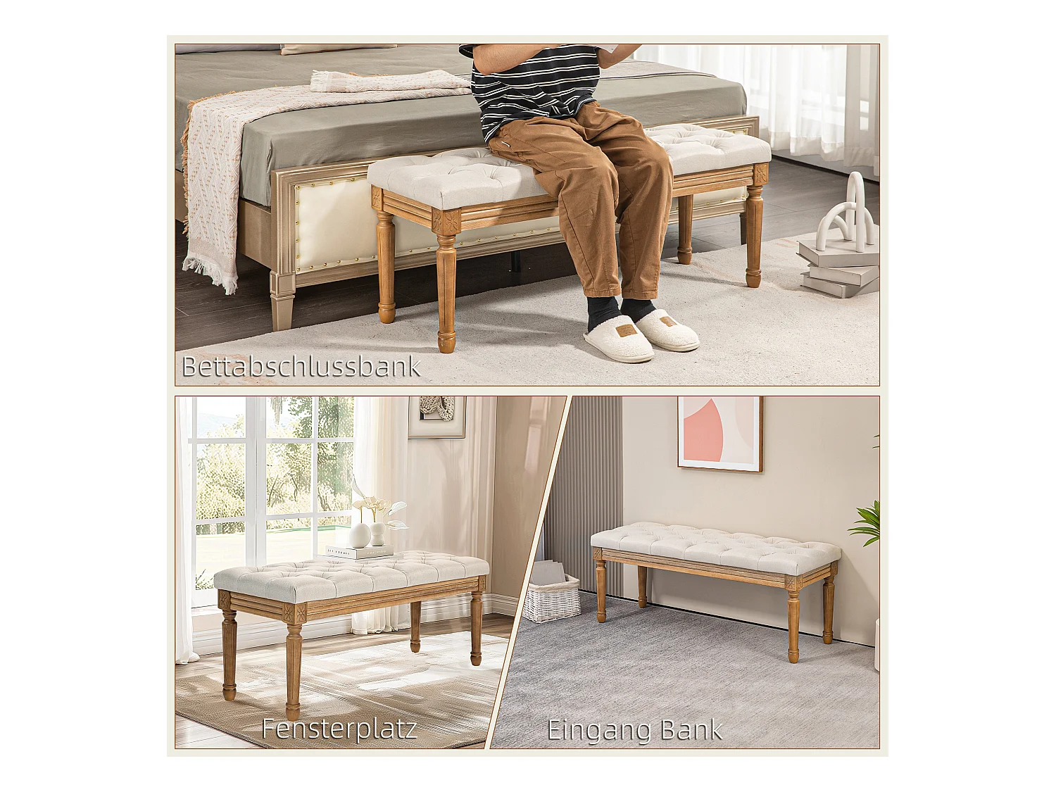 Banc de rangement, design français, tissu effet lin, pieds en bois, crème (120x41x48 cm)