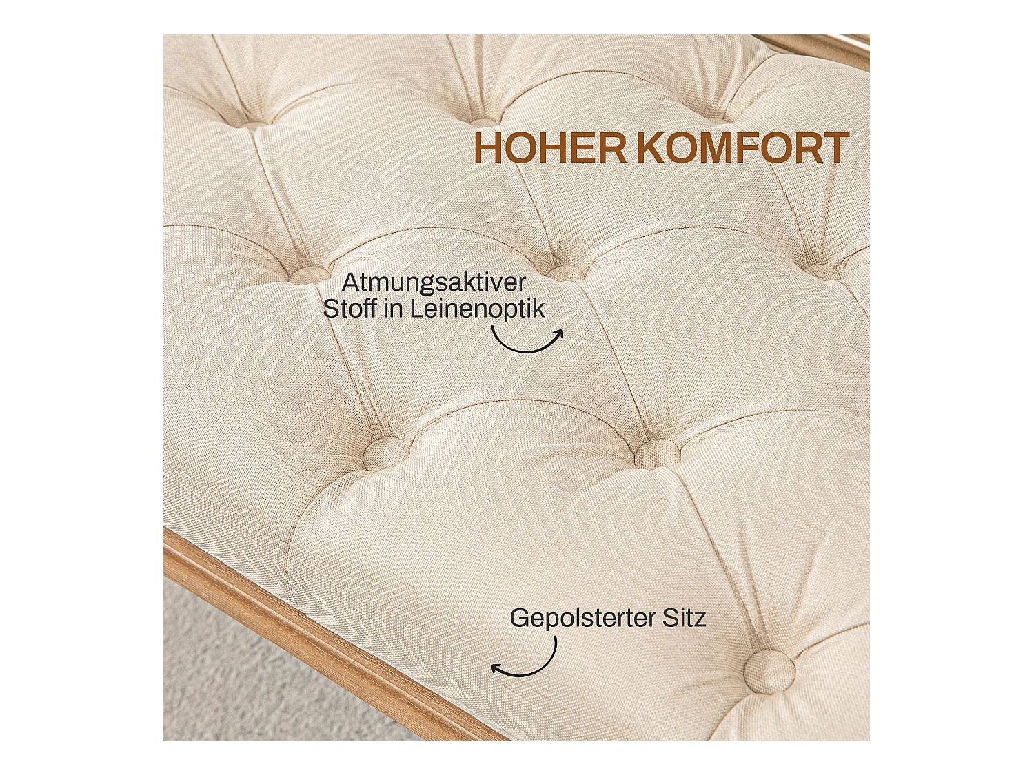 Banc de rangement, design français, tissu effet lin, pieds en bois, crème (120x41x48 cm)