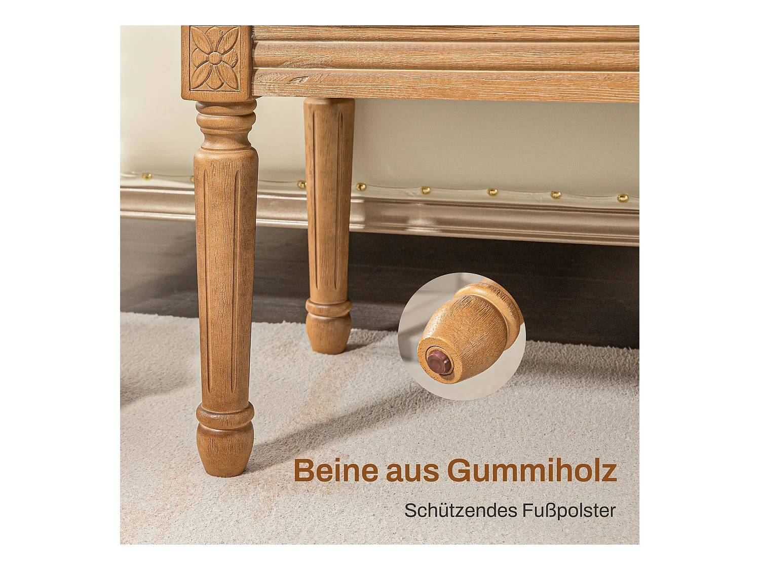 Banc de rangement, design français, tissu effet lin, pieds en bois, crème (120x41x48 cm)