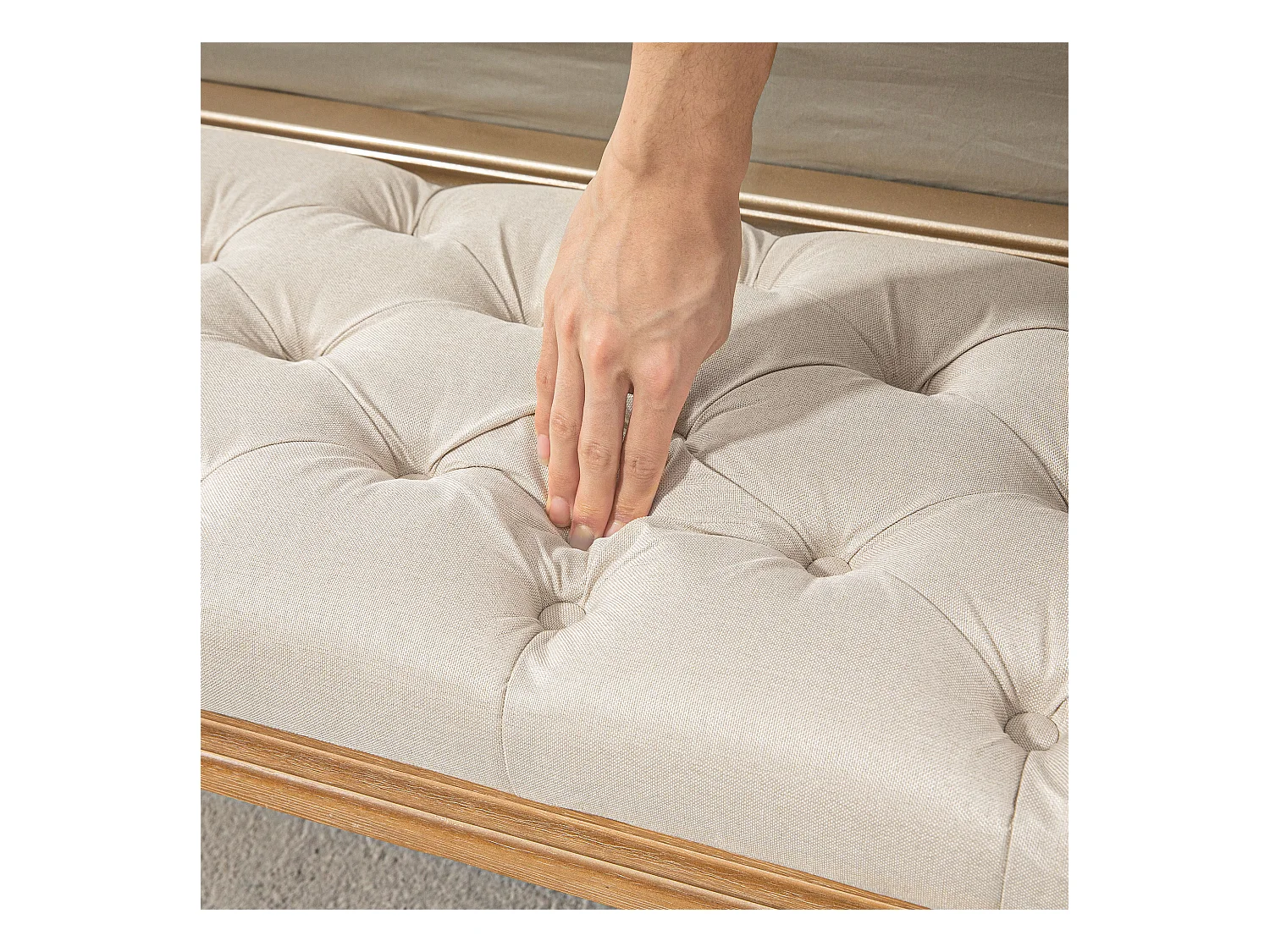 Banc de rangement, design français, tissu effet lin, pieds en bois, crème (120x41x48 cm)