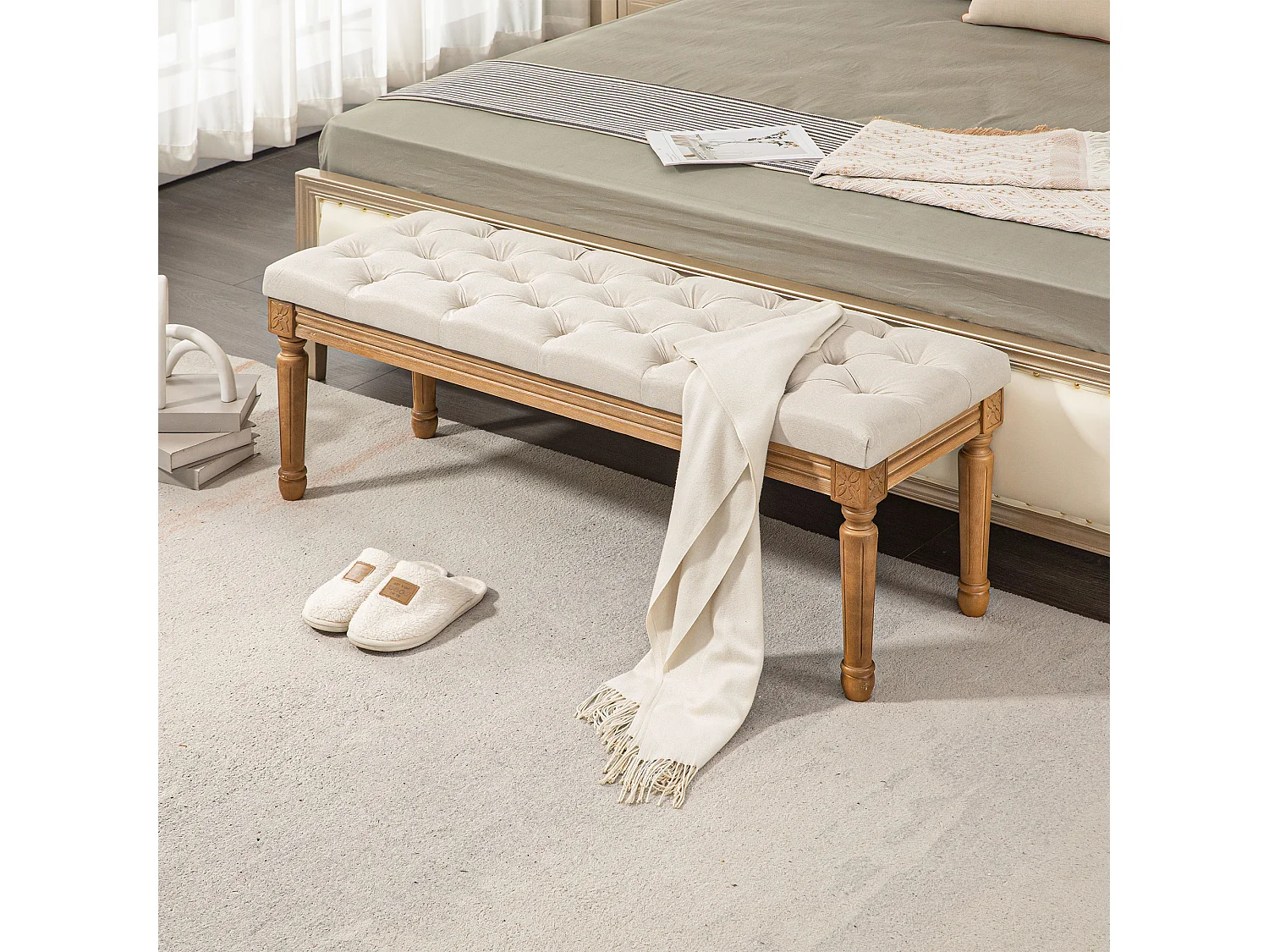 Banc de rangement, design français, tissu effet lin, pieds en bois, crème (120x41x48 cm)