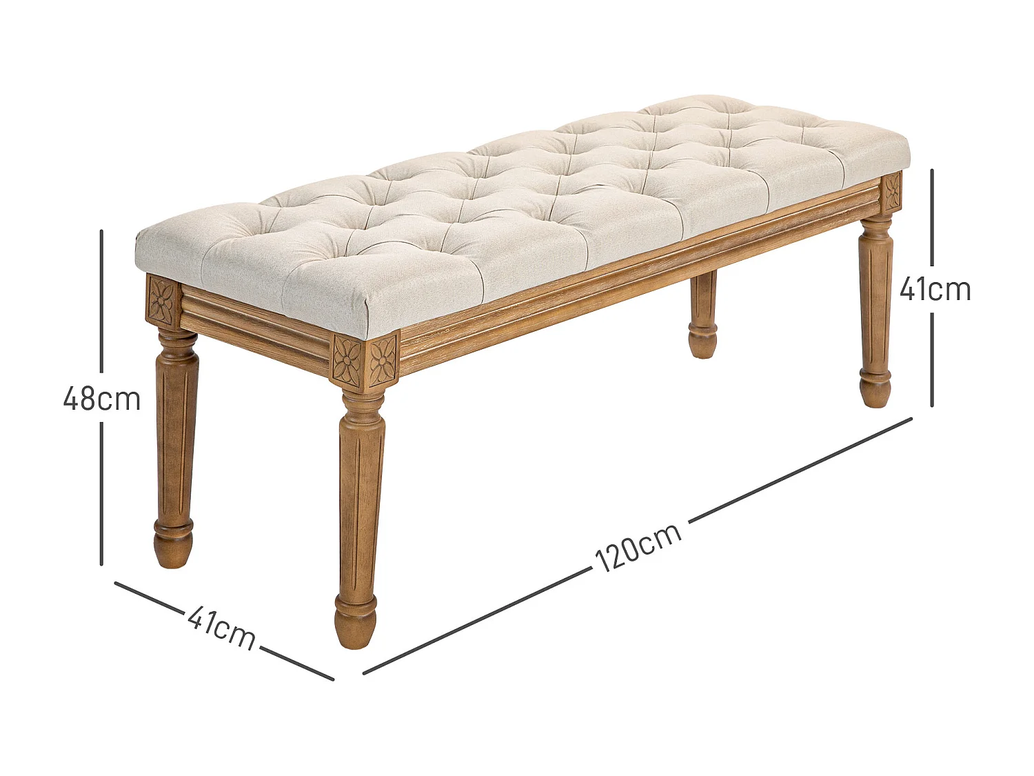 Banc de rangement, design français, tissu effet lin, pieds en bois, crème (120x41x48 cm)
