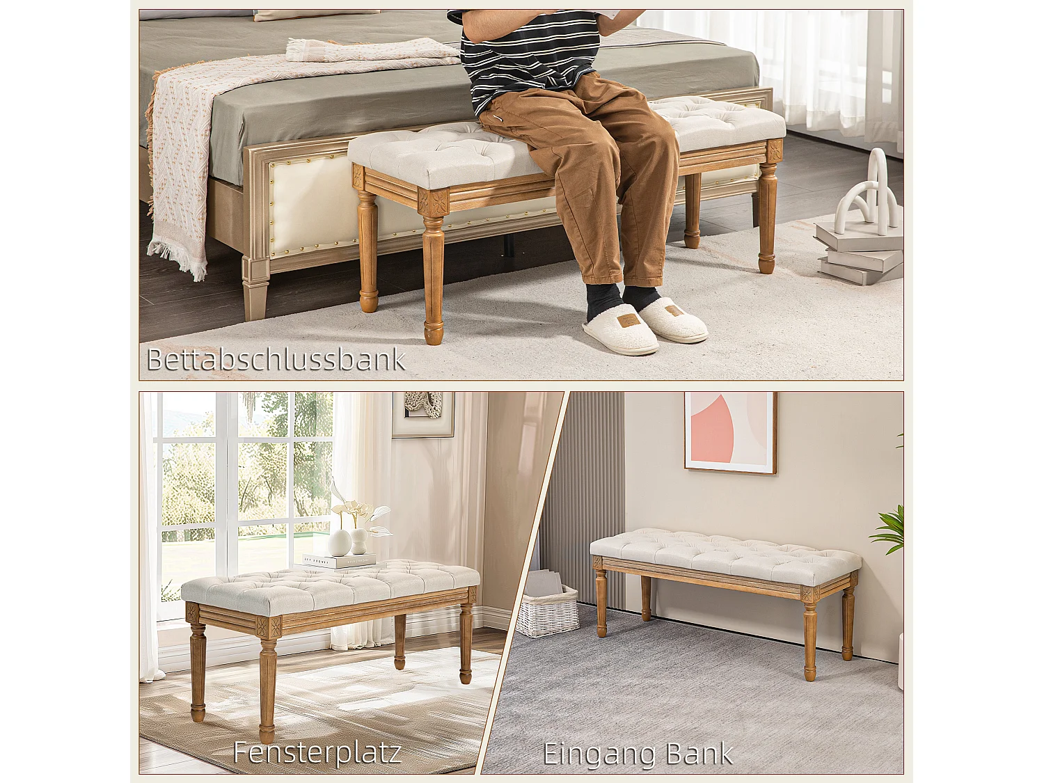 Banc de rangement, design français, tissu effet lin, pieds en bois, crème (120x41x48 cm)