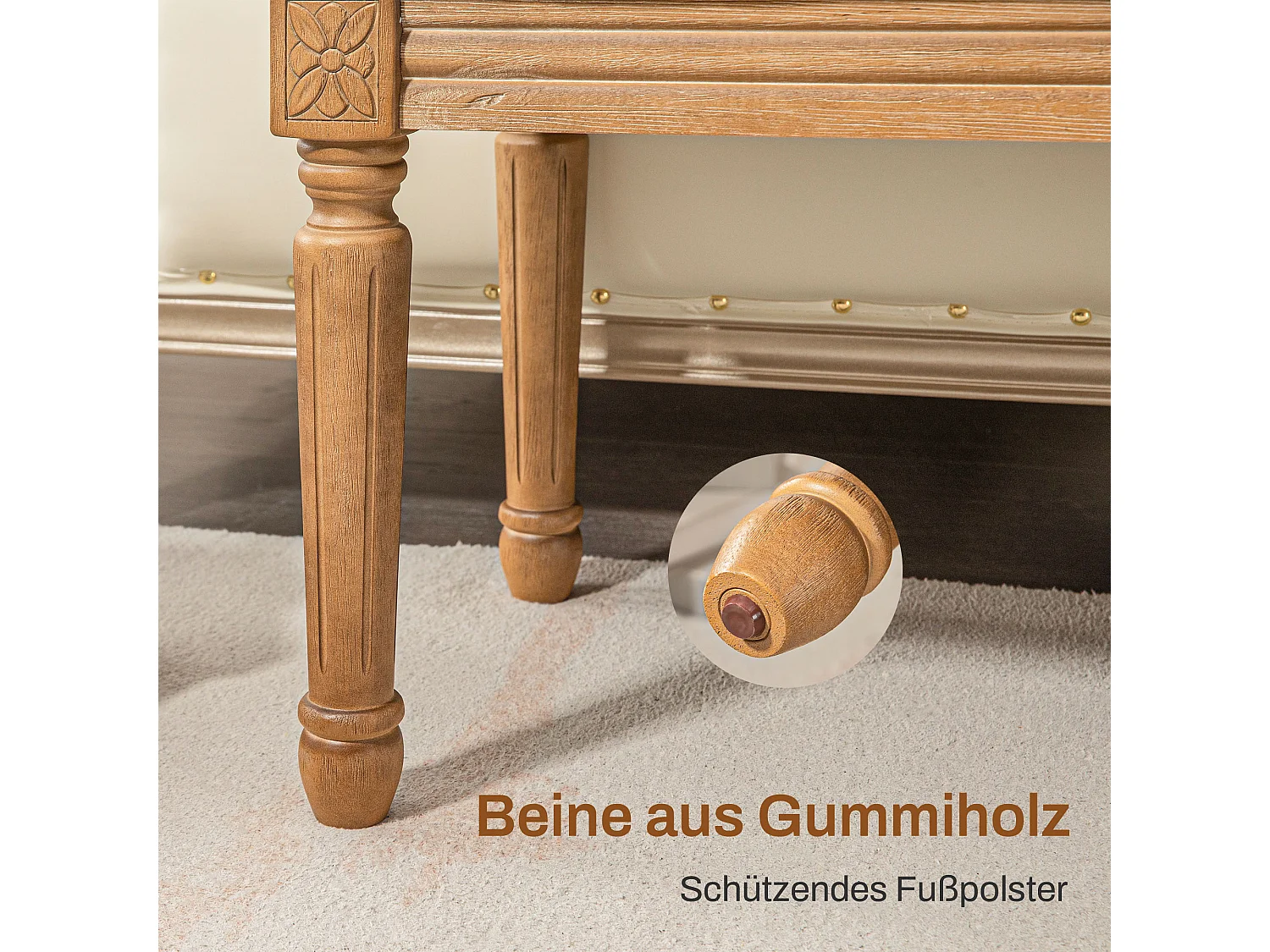 Banc de rangement, design français, tissu effet lin, pieds en bois, crème (120x41x48 cm)