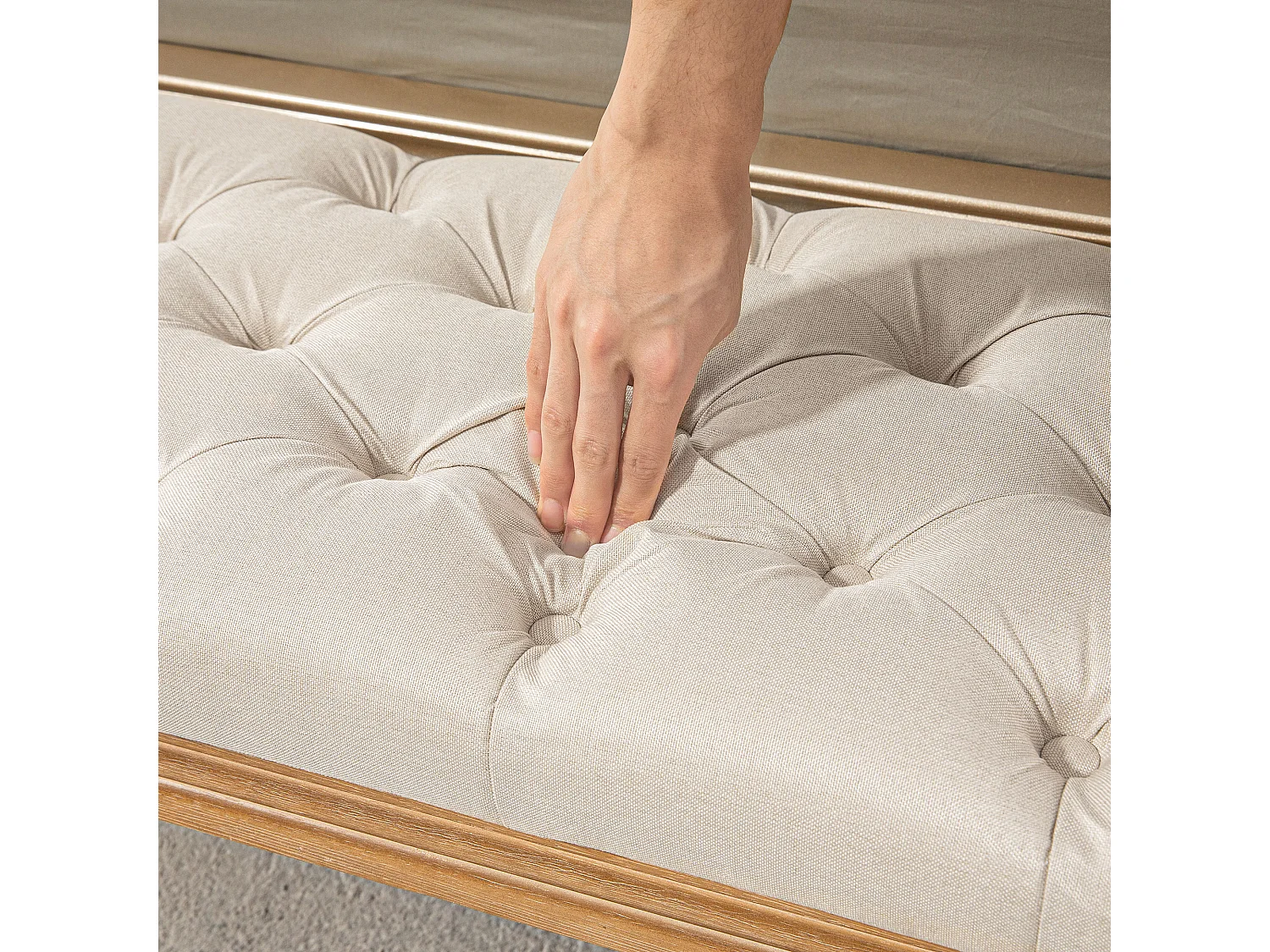 Banc de rangement, design français, tissu effet lin, pieds en bois, crème (120x41x48 cm)