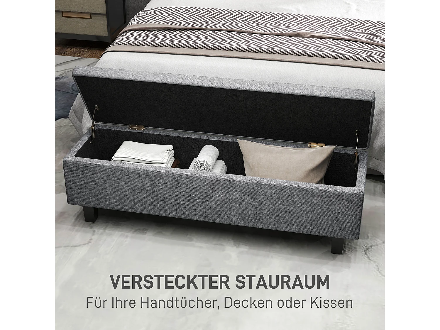 Opbergbank met linnen bekleding, houten poten, modern, donkergrijs (138x40x45cm)