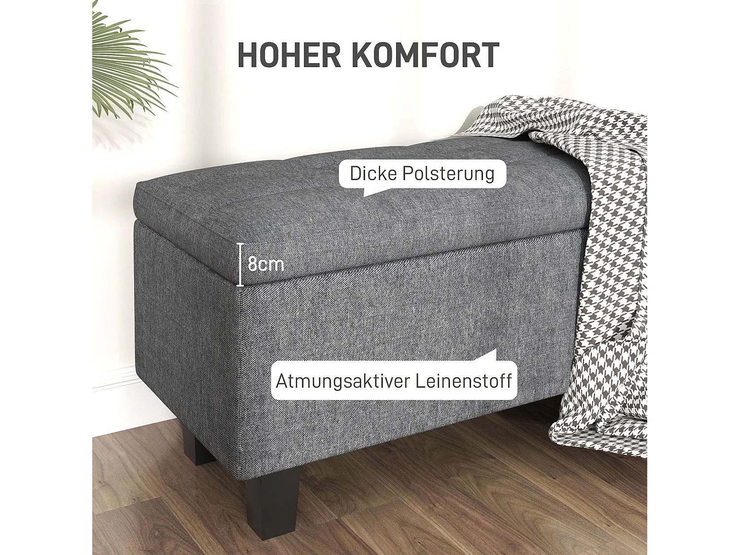 Opbergbank met linnen bekleding, houten poten, modern, donkergrijs (138x40x45cm)