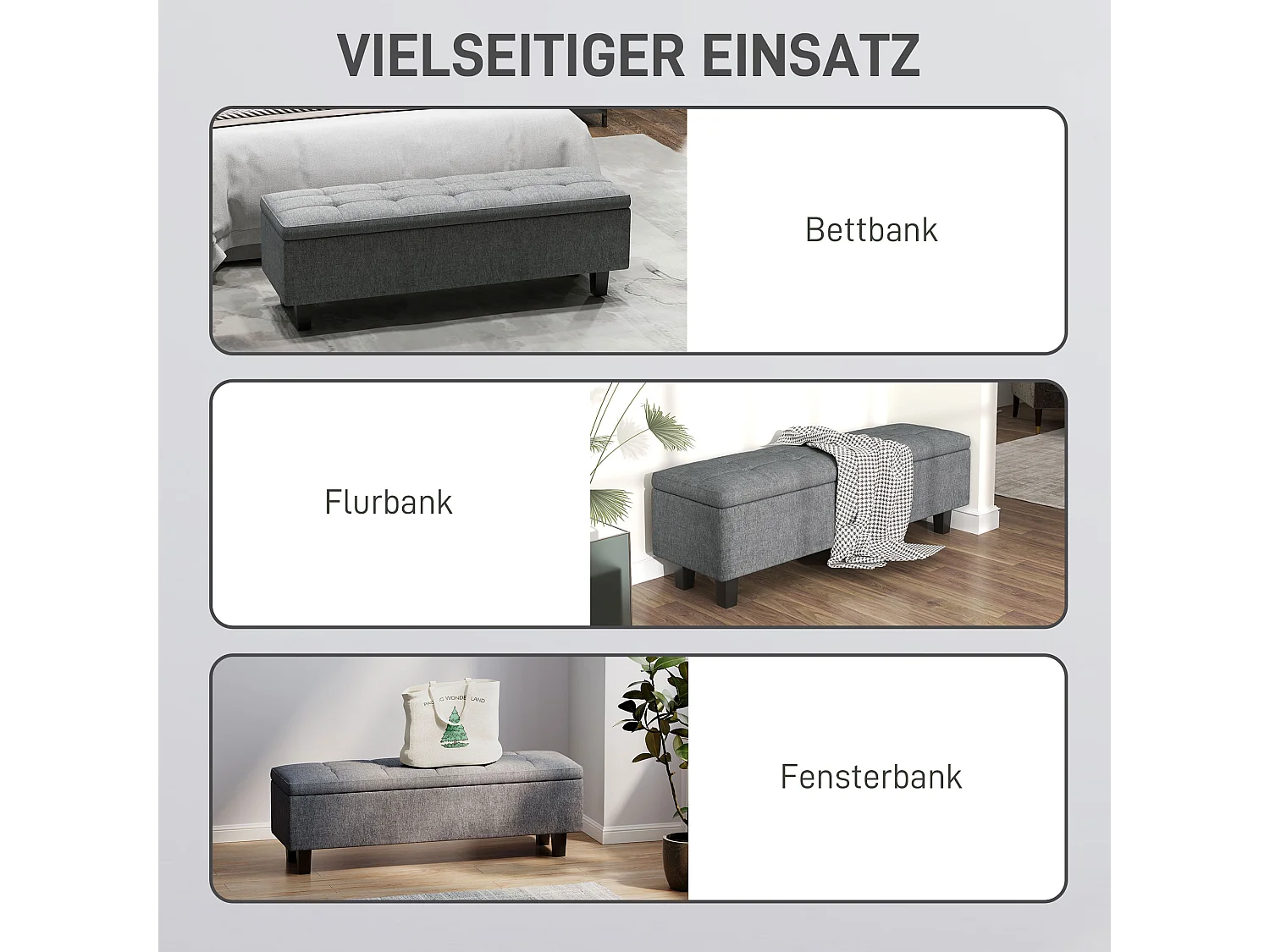 Opbergbank met linnen bekleding, houten poten, modern, donkergrijs (138x40x45cm)