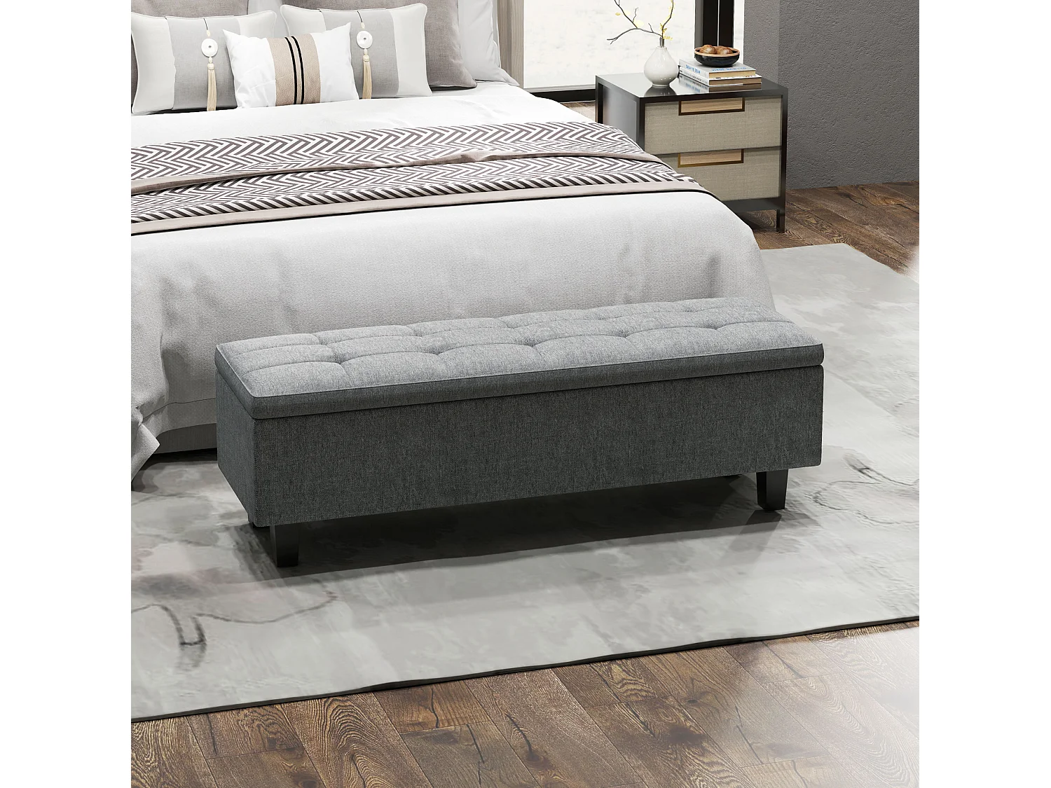 Banc de rangement rembourré en lin, pieds bois, moderne, gris foncé (138x40x45cm)