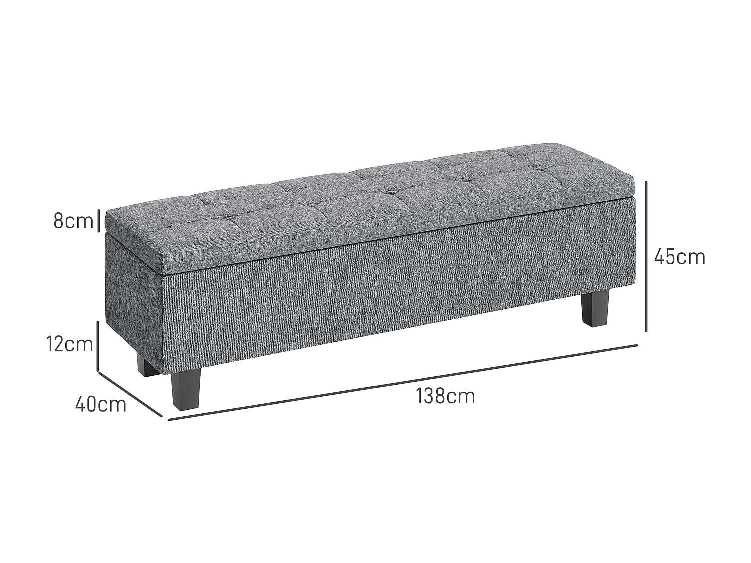 Banc de rangement rembourré en lin, pieds bois, moderne, gris foncé (138x40x45cm)