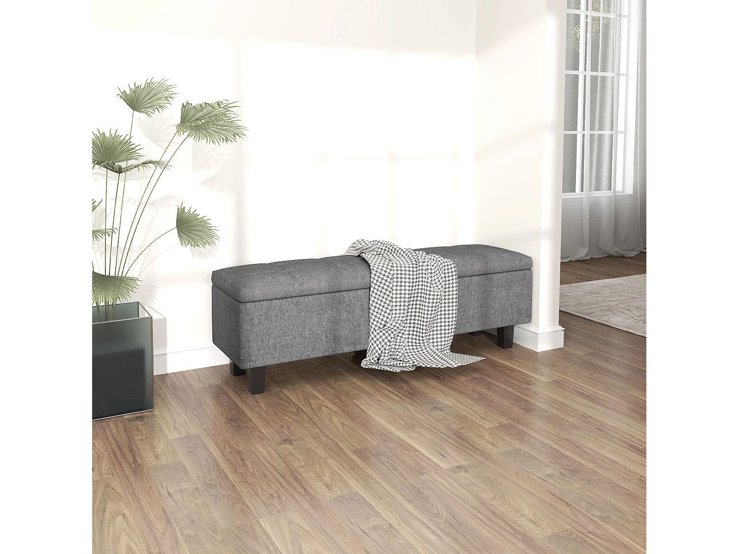 Banc de rangement rembourré en lin, pieds bois, moderne, gris foncé (138x40x45cm)