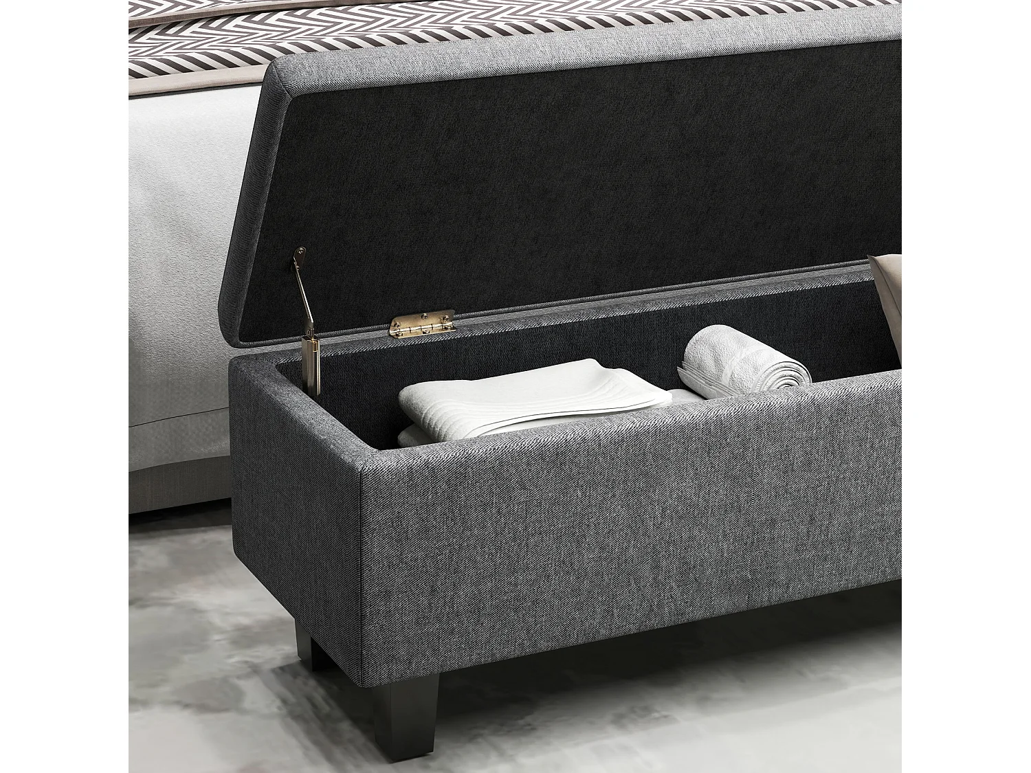 Banc de rangement rembourré en lin, pieds bois, moderne, gris foncé (138x40x45cm)