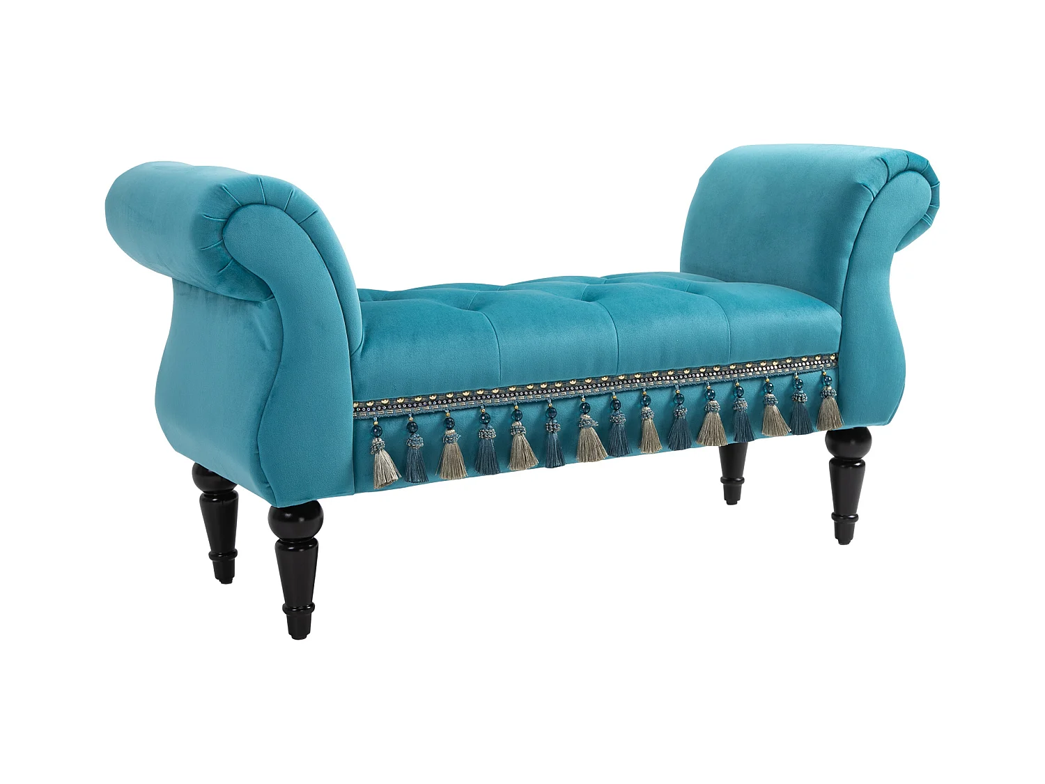 Banc rembourré luxueux, design vintage, polyester et caoutchouc, bleu (117x40x58 cm)