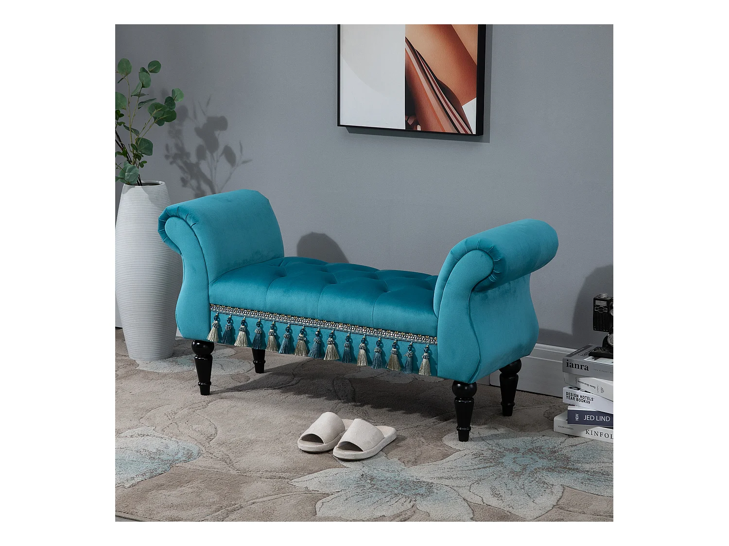 Banc rembourré luxueux, design vintage, polyester et caoutchouc, bleu (117x40x58 cm)