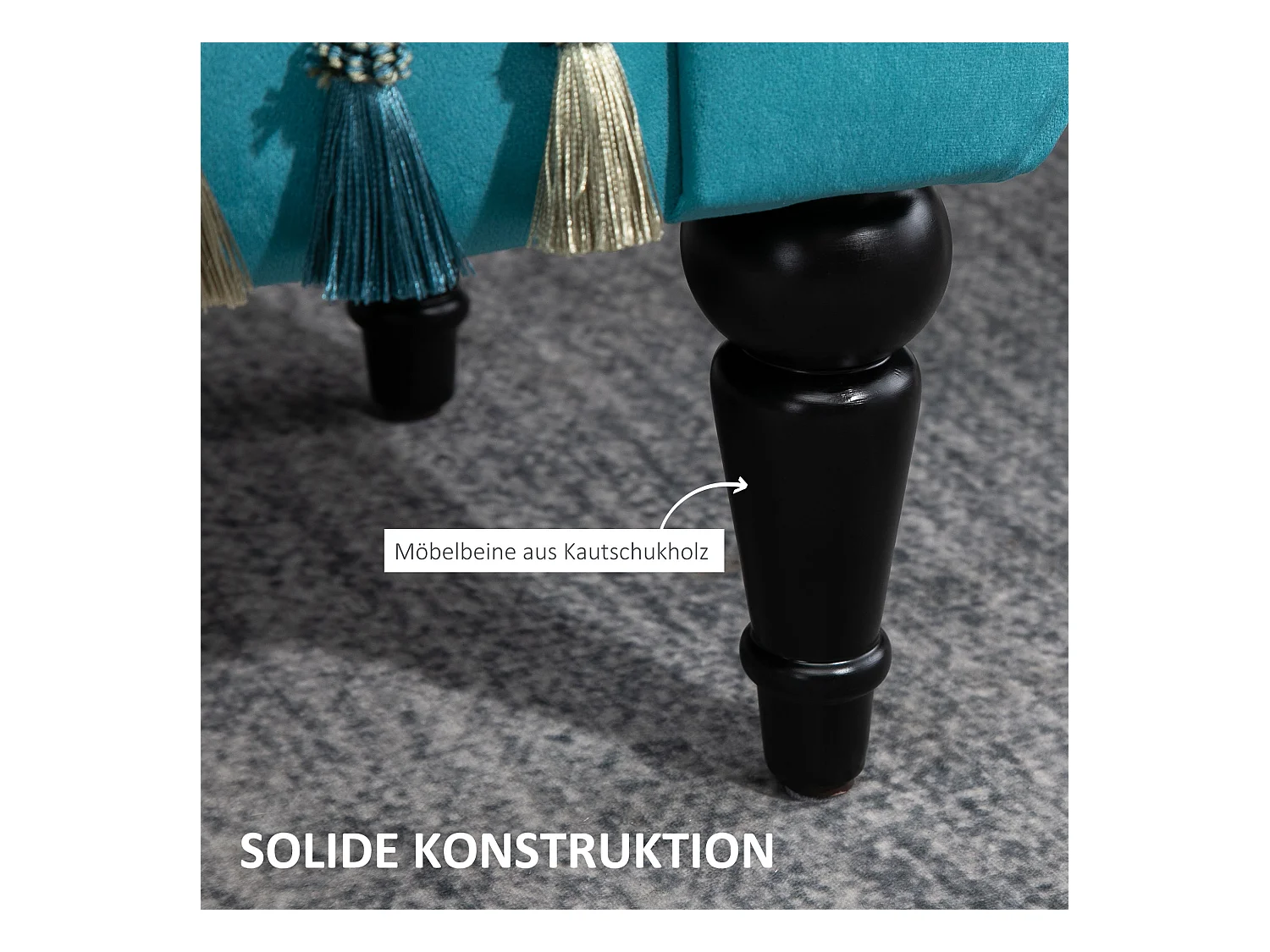 Banc rembourré luxueux, design vintage, polyester et caoutchouc, bleu (117x40x58 cm)