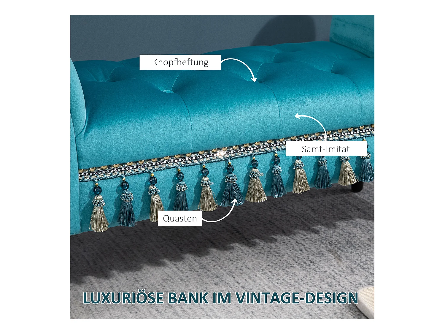 Banc rembourré luxueux, design vintage, polyester et caoutchouc, bleu (117x40x58 cm)