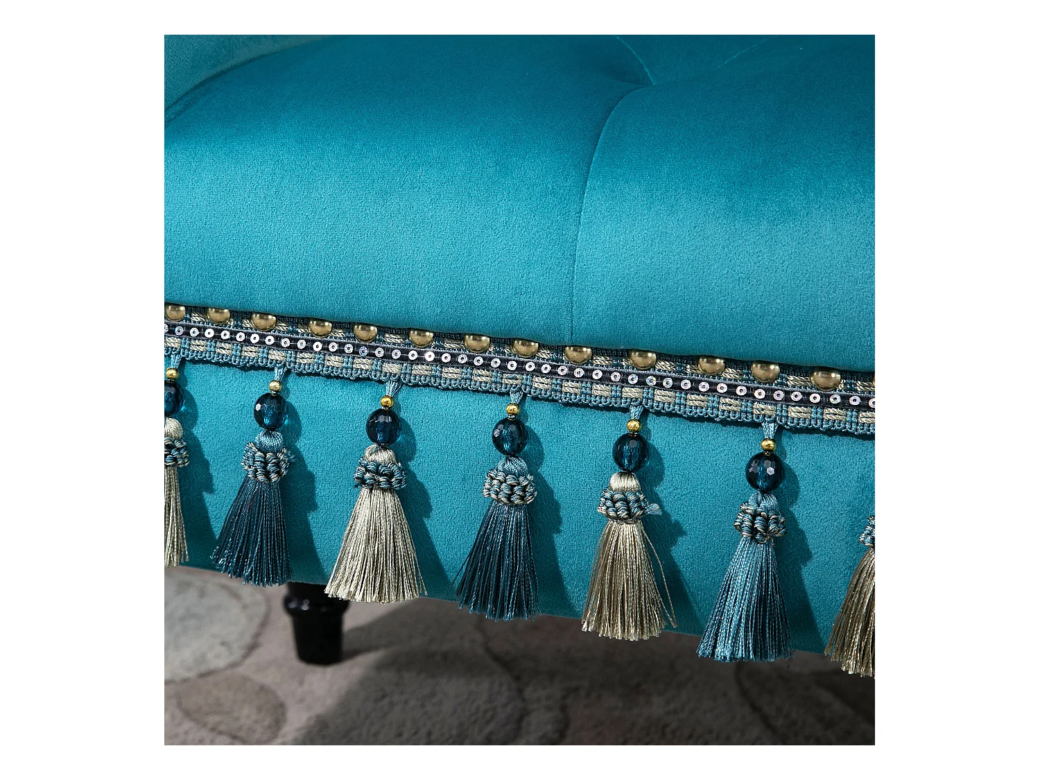 Banc rembourré luxueux, design vintage, polyester et caoutchouc, bleu (117x40x58 cm)